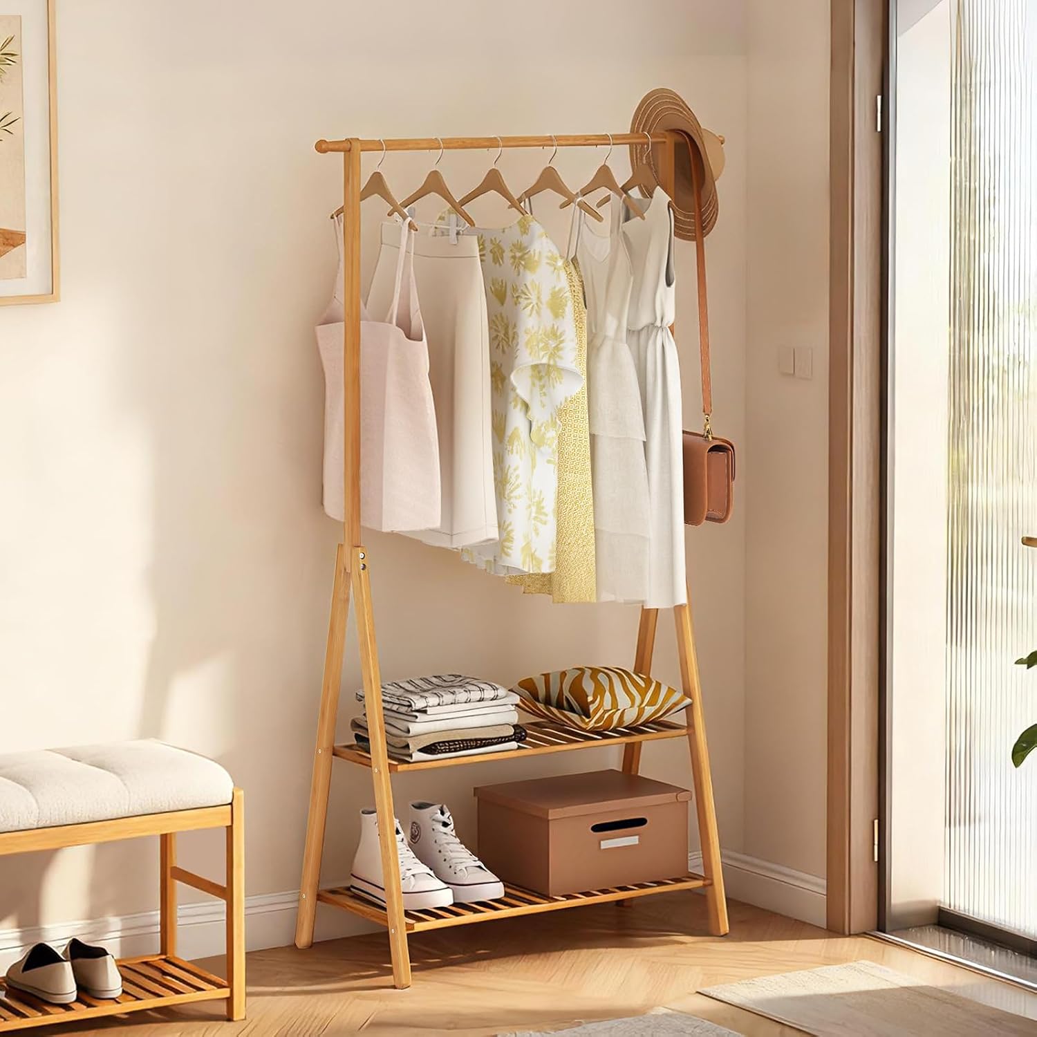 Bamboo Wooden Clothes Rack, Heavy Duty Garment Rack for Hanging Clothes, Freestanding Clothing Rack with 2 Tier Storage Shelves & Side Hooks for Living Room Bedroom Entryway