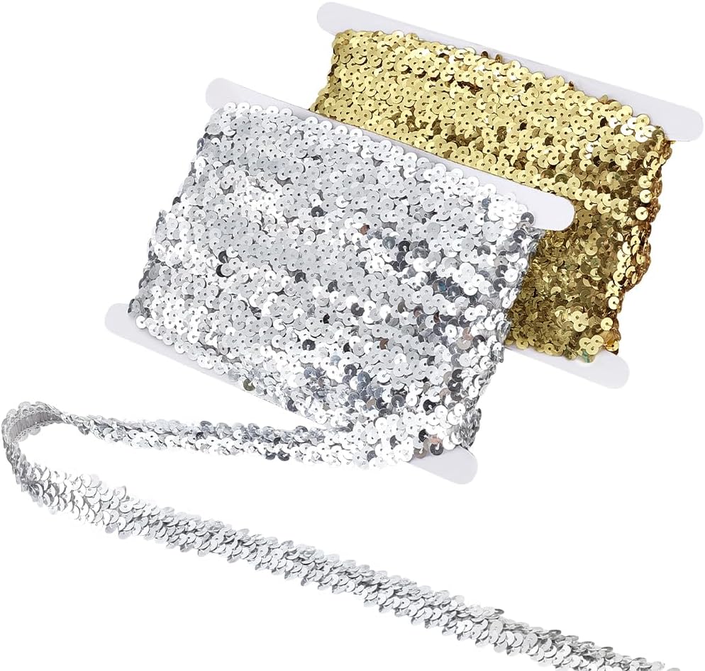 PH PandaHall 20 Yards Stretch Sequin Trim Elastic Polyester Fabric 18mm 20mm Glitter Metallic Stretch Flat Sequin for Crafts Sewing Wedding Costume Dress Embellishment Headband, Gold & Silver