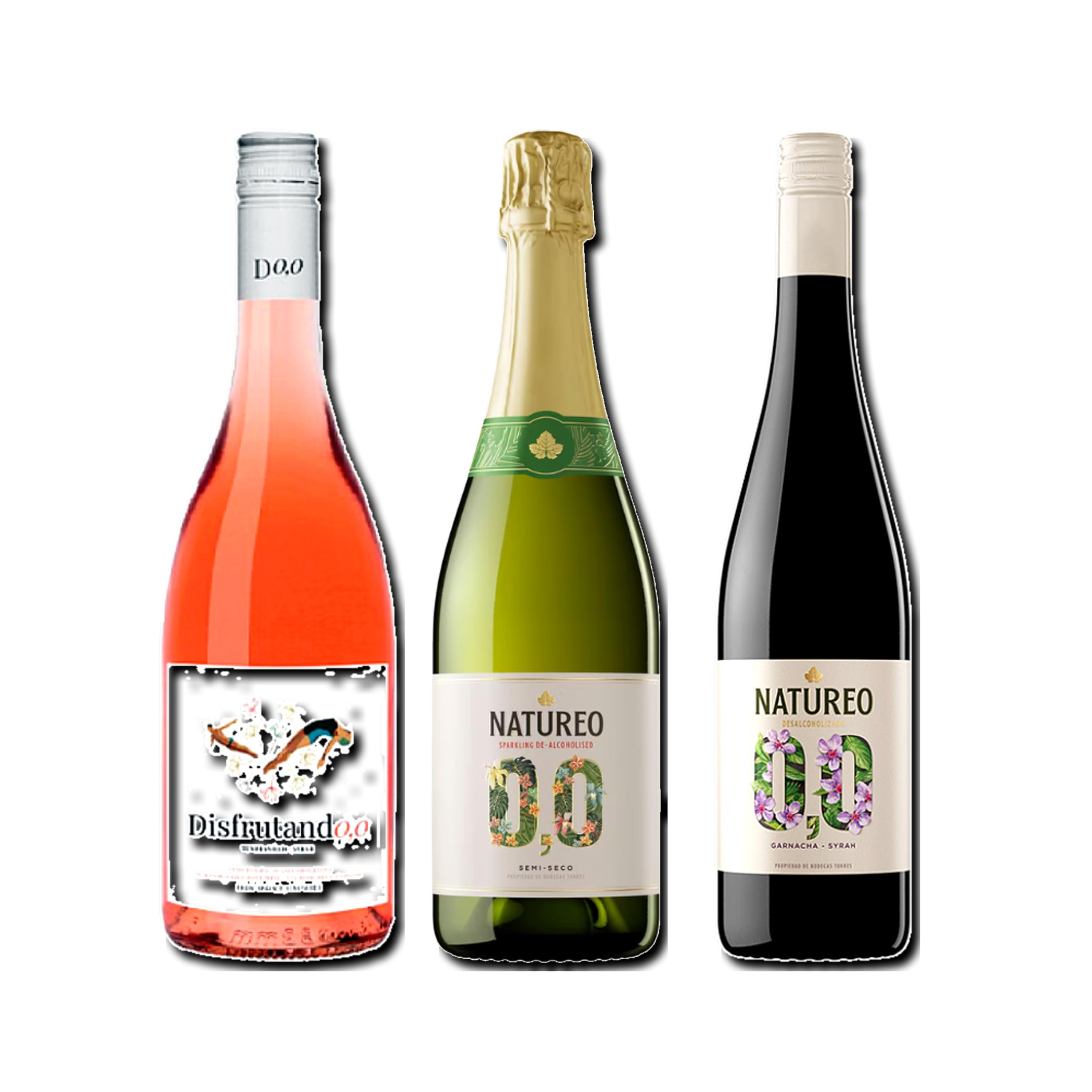 vino sin alcohol 0,0 Disfrutando 0,0 Rosado, Natureo Sparking 0,0 y Natureo Tinto pack de 3 botellas 75cl