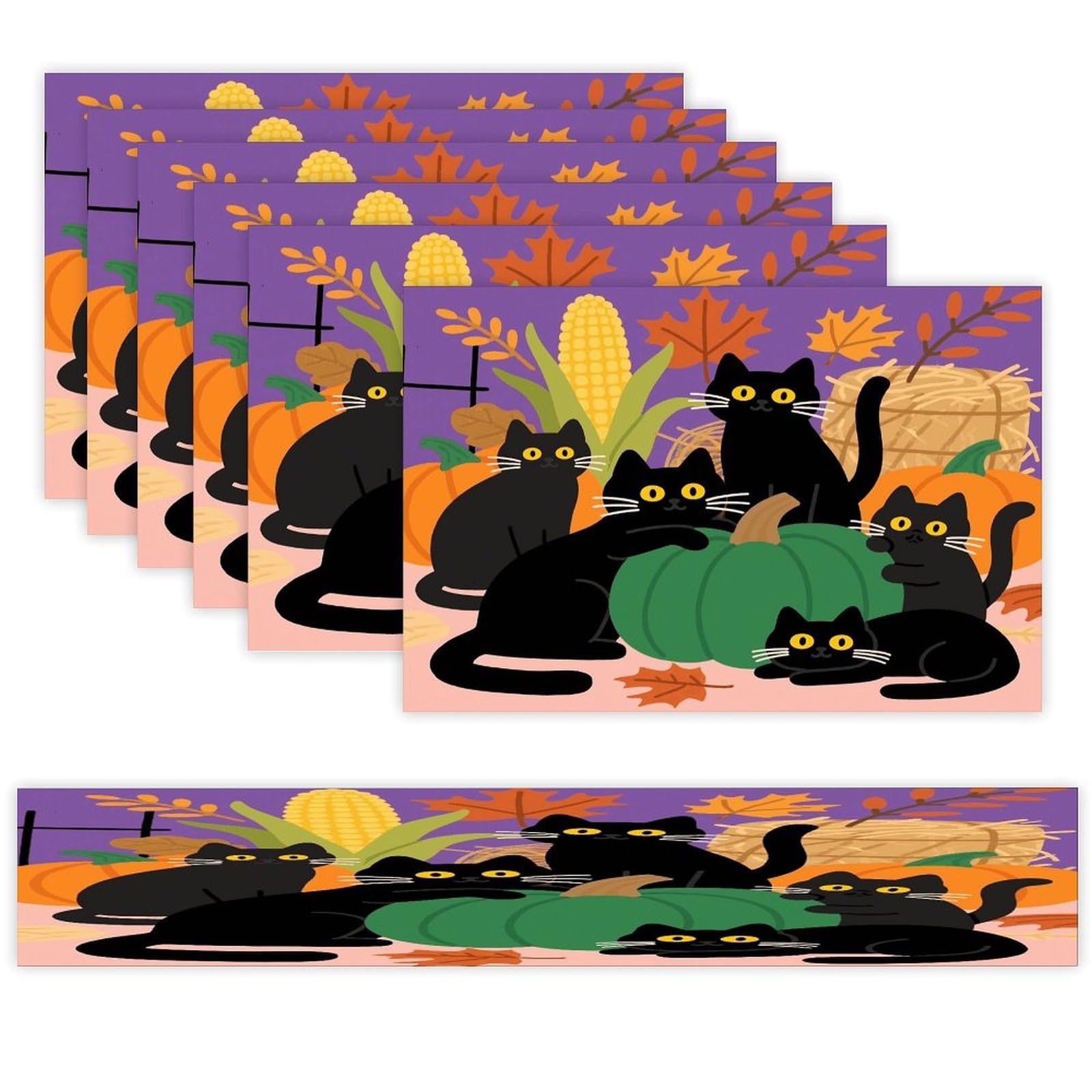Black Cat Halloween Pumpkin Table Runner and Placemats Set of 7 Linen Table Mat Non-Slip Place Mats Washable Placemat Heat Resistant Place Mat with Table Runner for Party Dining Decor