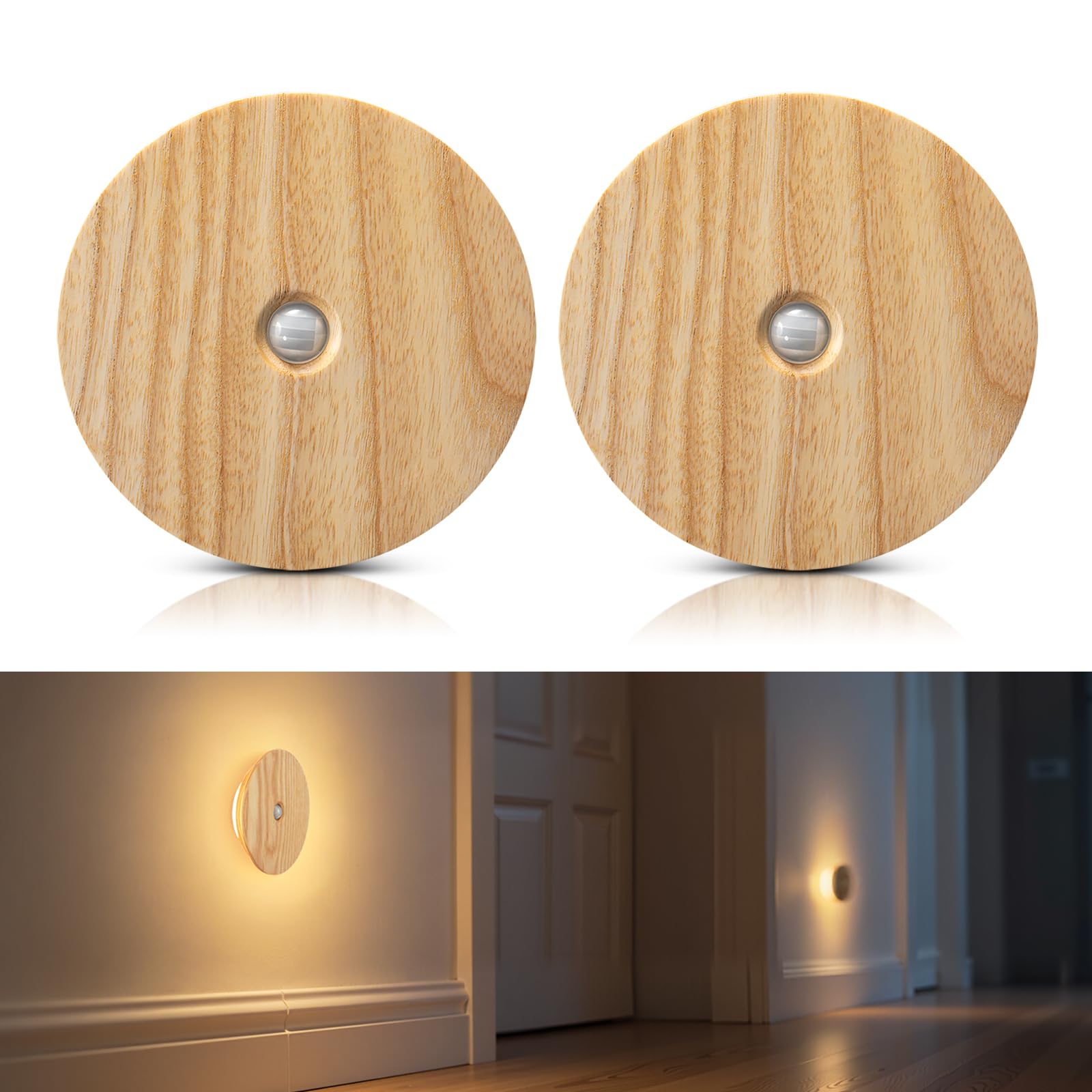 Rechargeable Night Lights with Motion Sensor, Wooden Magnetic Light | 2 Pack Motion Sensor Night Light, 3000K Warm Light, Stair Lights Indoor, Hallway, Closet, Kitchen, Ash Wood