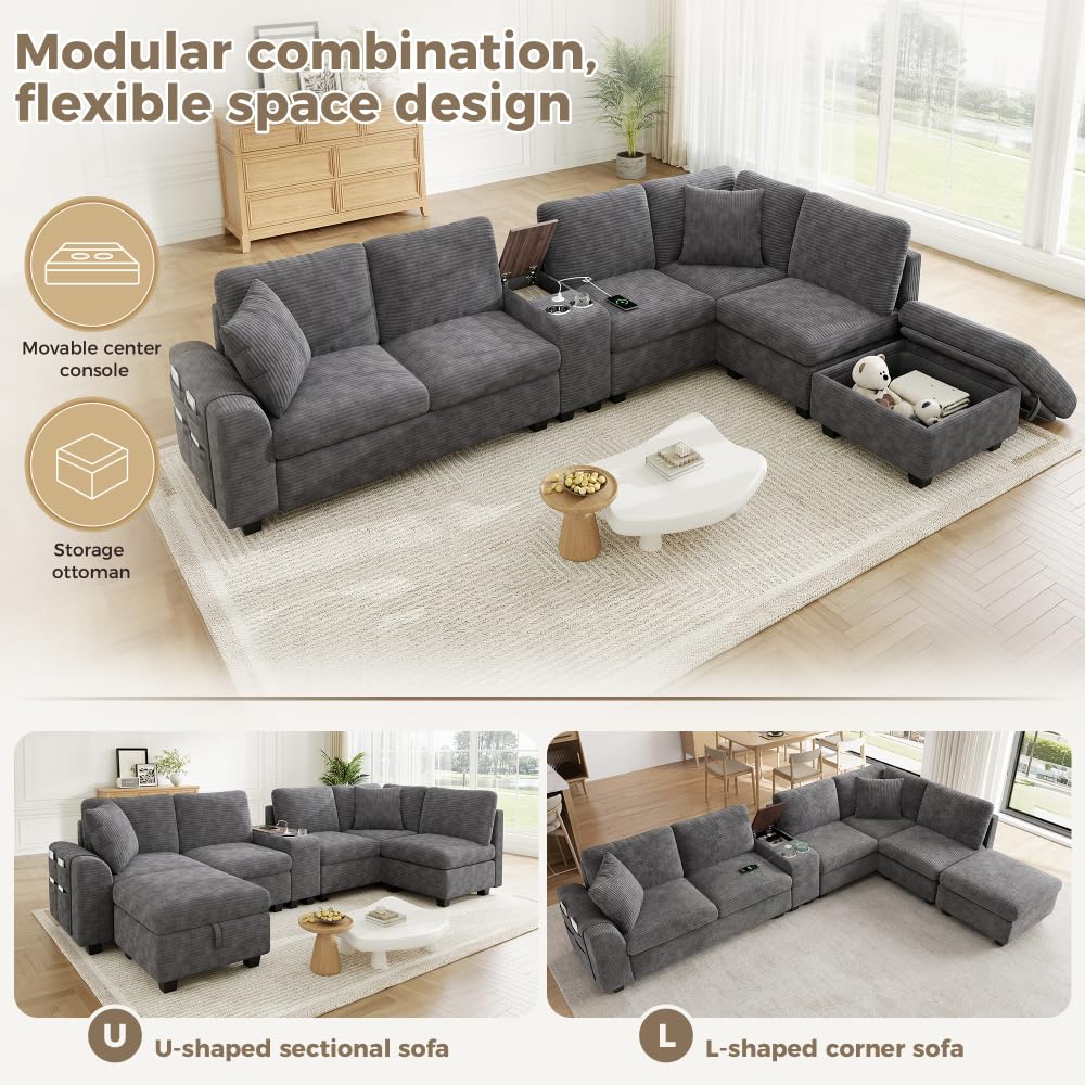 Sapgaks Canapé d'angle modulable en U/L,canapé 6 Places,avec Pouf de Rangement,Console Centrale,2 Porte-gobelets,USB/Type C,Compartiments cachés et Poches d'accoudoir,Velours (Gris)