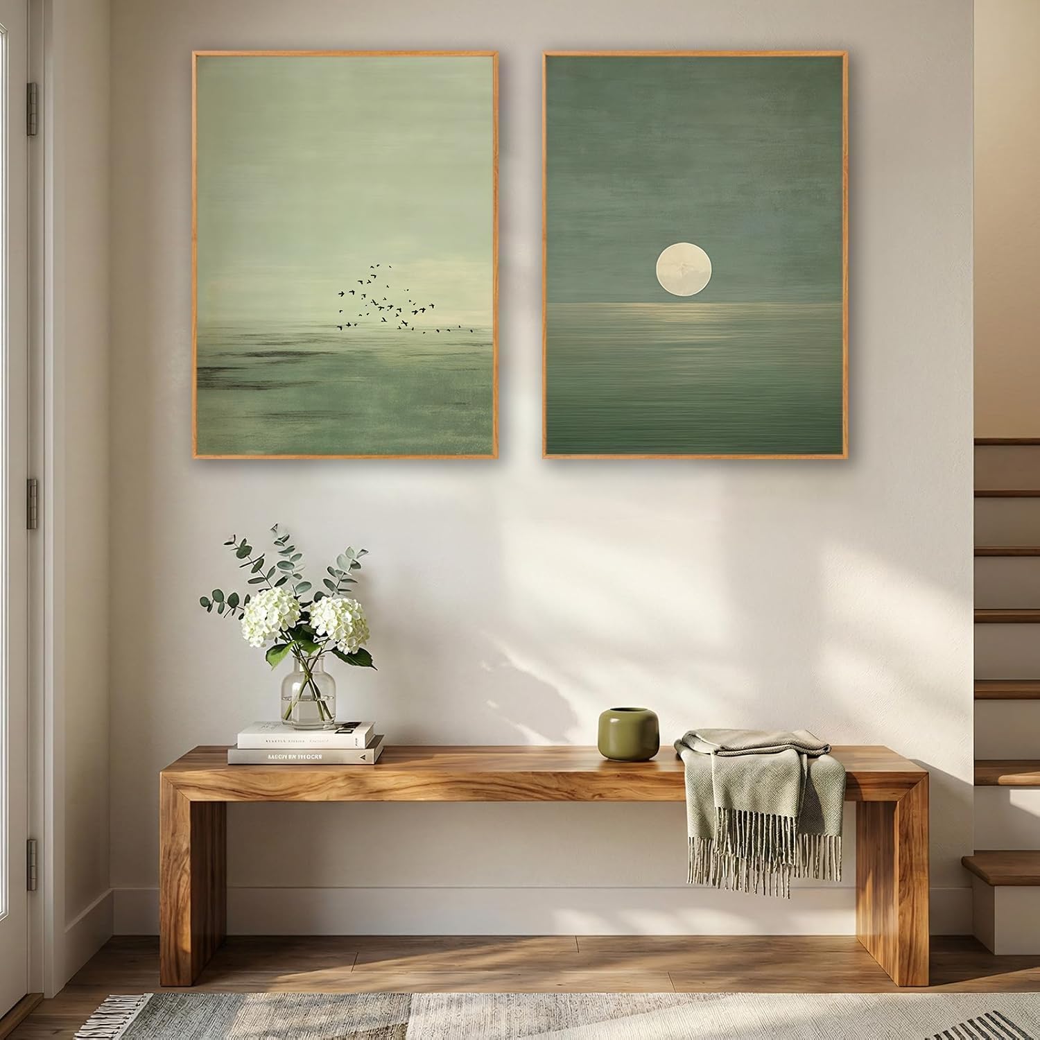 Japanese Sage Green Wall Art Minimalistyczny plakat z motywem księżyca i ptaka, do salonu, sypialni, biura (80 x 120 x 2/wewnętrzna rama)