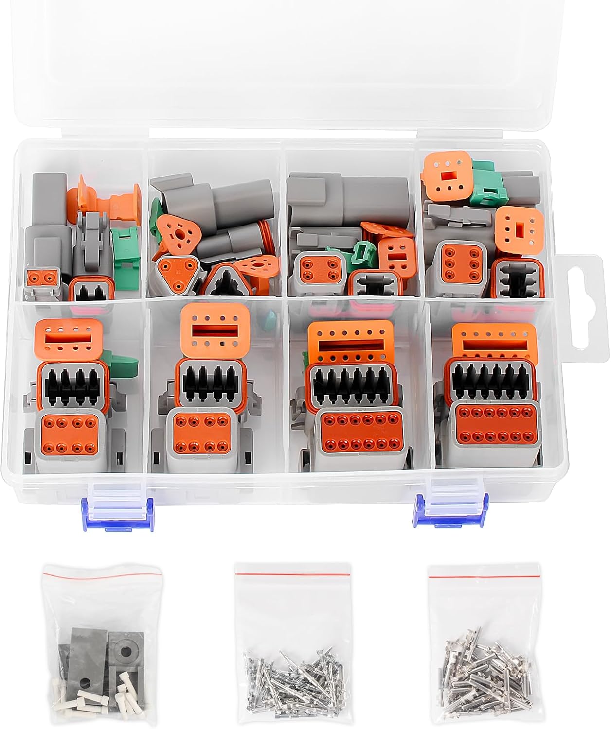 Exqutoo 215Pcs DT Deutsch Connector Kit, 2 3 4 6 8 12 Pin Waterproof DT Series Connector Assortment, Automotive Repair Accessory Kit, Wedge Locks, Seal Plugs, Size 16 Stamped Contacts 14-18AWG