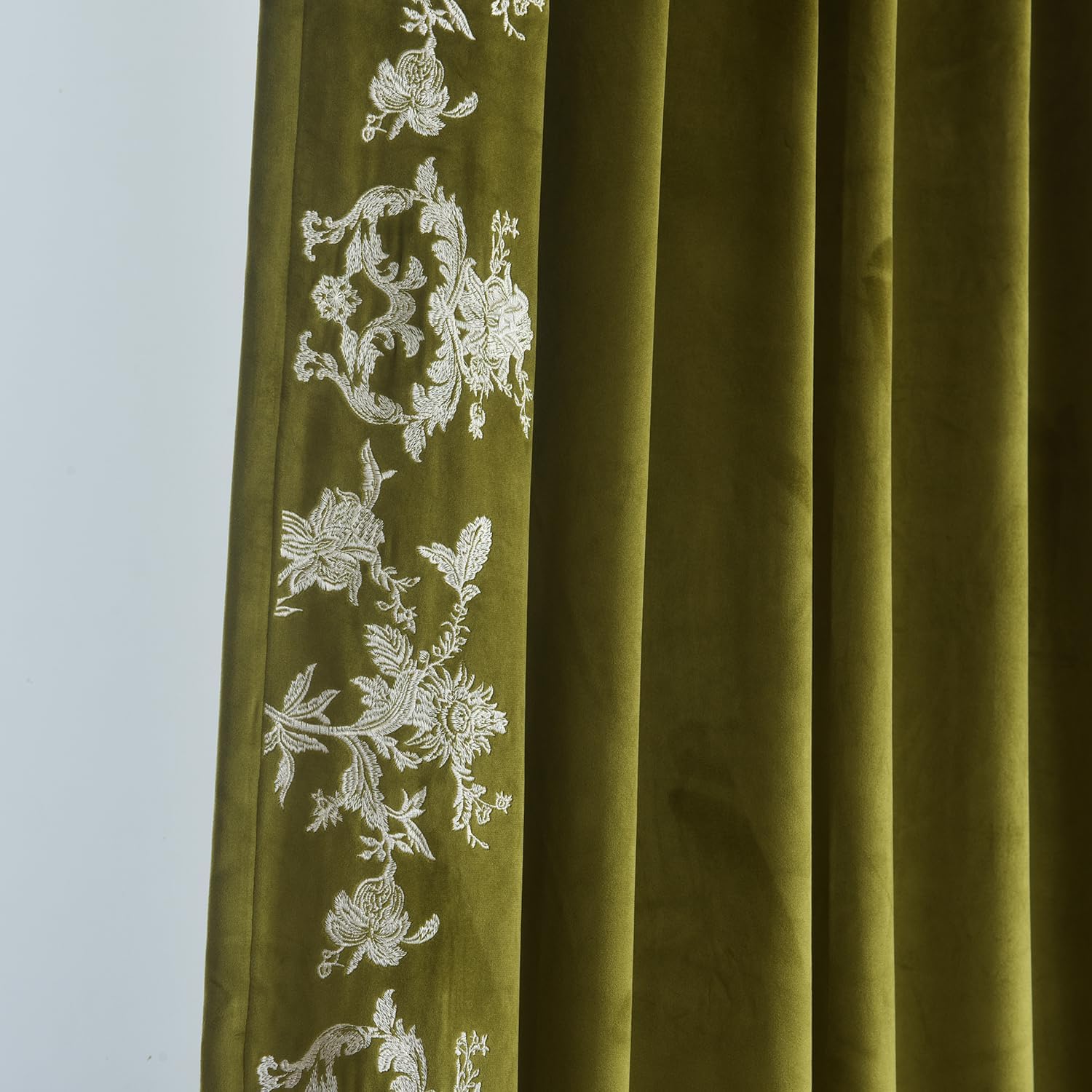 Roslynwood Luxury Velvet Olive Green Curtains Back Tab 96 Inches Long, White Flower Embroidered Olive Curtains Farmhouse Country Panels, Window Drapes for Living Bedroom, 52W x 96L Inch, 2 Panels