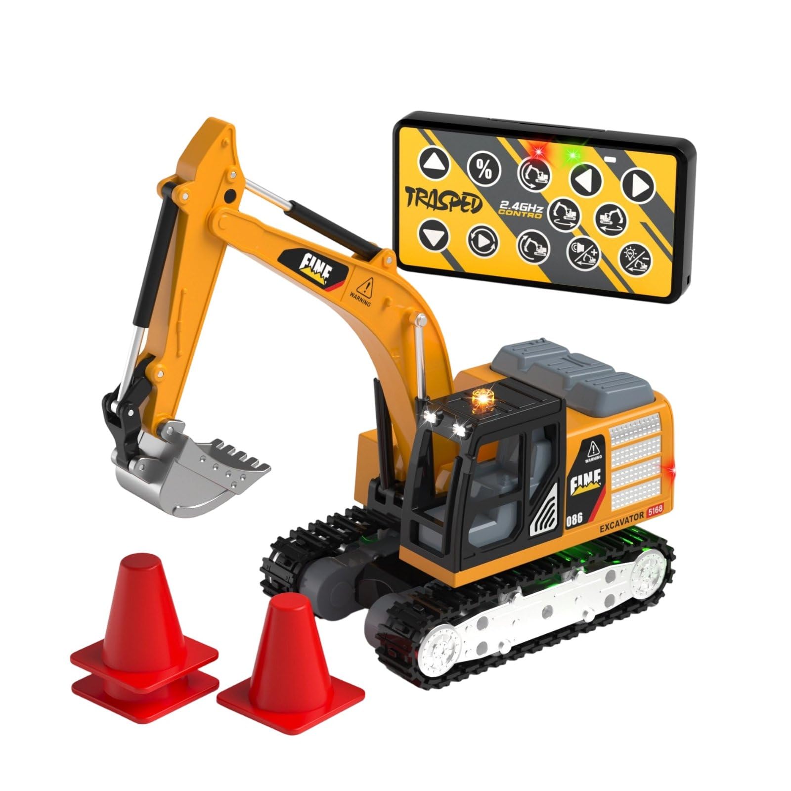 Mini Escavatore Veicolo da Costruzione Telecomandato per Bambini con Braccio Mobile Rotazione Effetti Luci Automatico Adatto a Gioco Educativo Interno Esterno, Giallo Terra