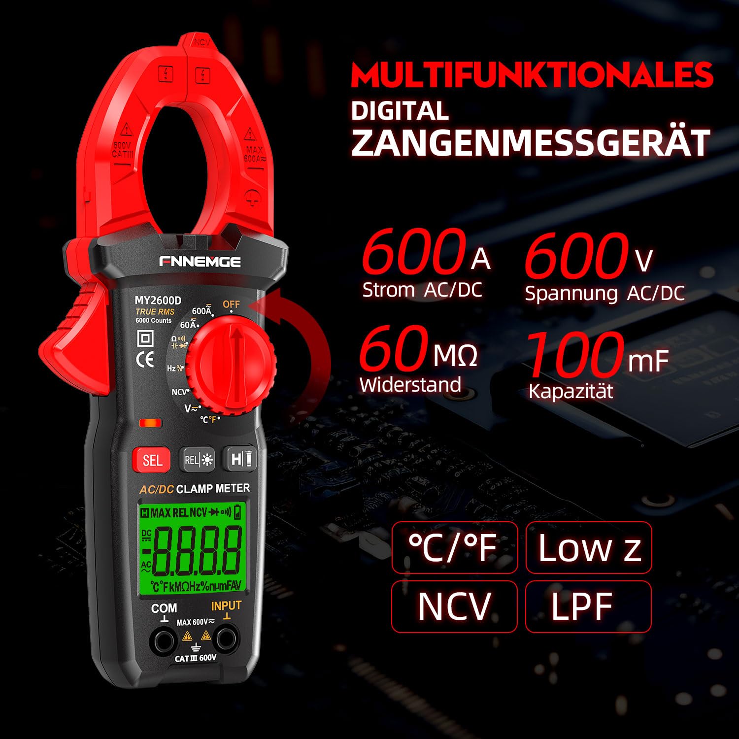FNNEMGE Digitaler Stromzangen Multimeter DC/AC: 0-600A, Echteffektivwert, 6000 Zählungen, NCV-Messung von Wechselstrom/Gleichstrom, Spannung, Widerstand, Kapazität, Temperatur