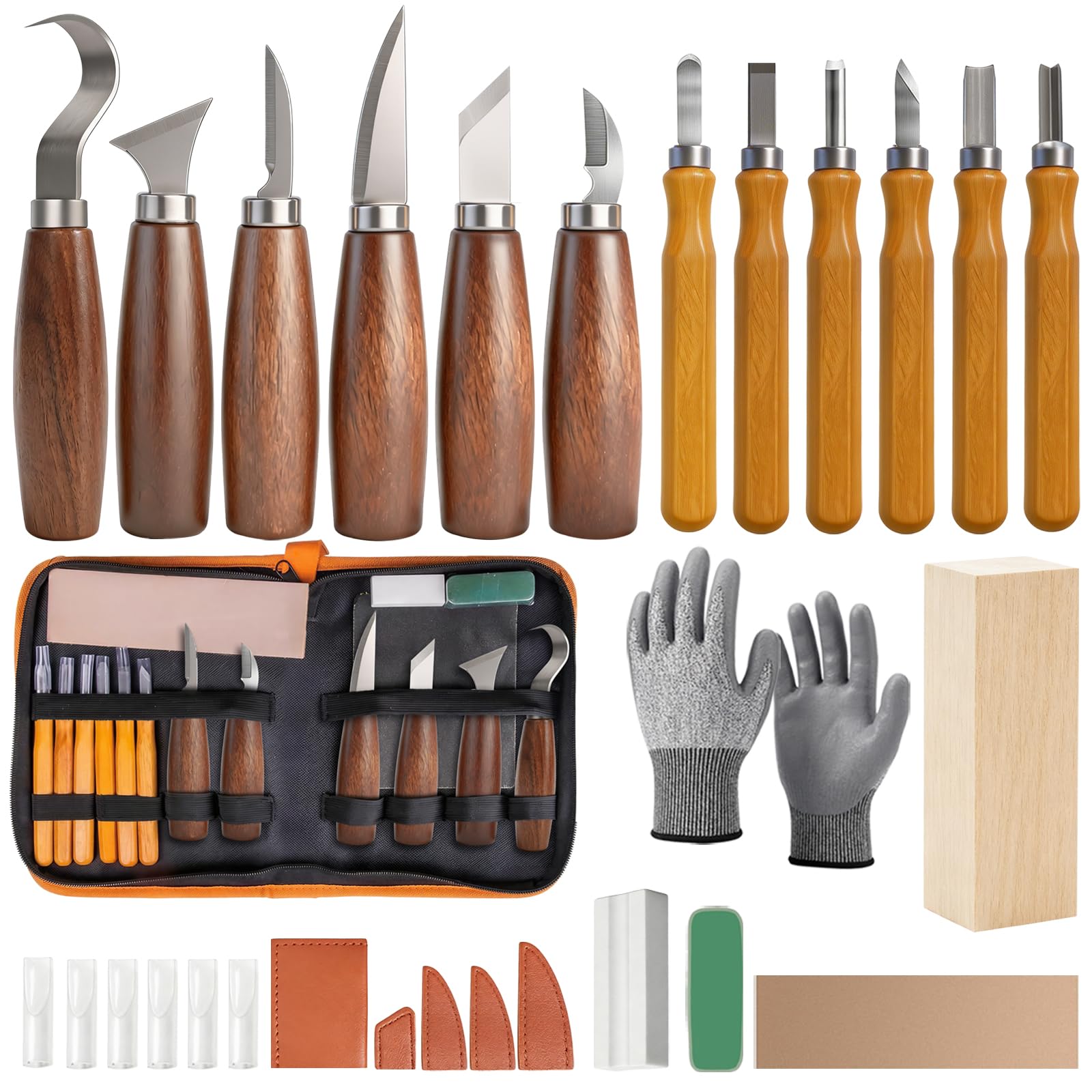 30 Stück Holz Schnitzwerkzeug Set, Feines Schnitz Set, 12 Schnitzmesser mit Schnittfeste Handschuhe, Mattiertes Papier, Schleifsteine, für Anfänger, Profis, DIY Bastelbegeisterte