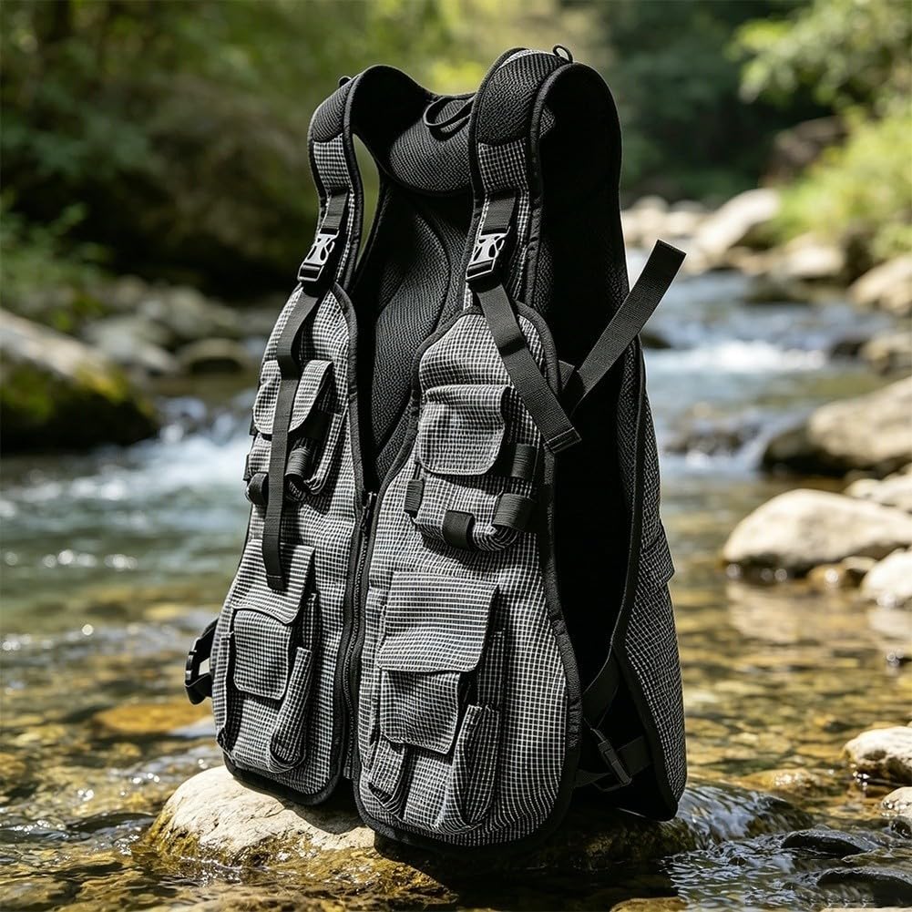 Gilet de pêche à la mouche en nylon avec bretelles réglables Noir Taille