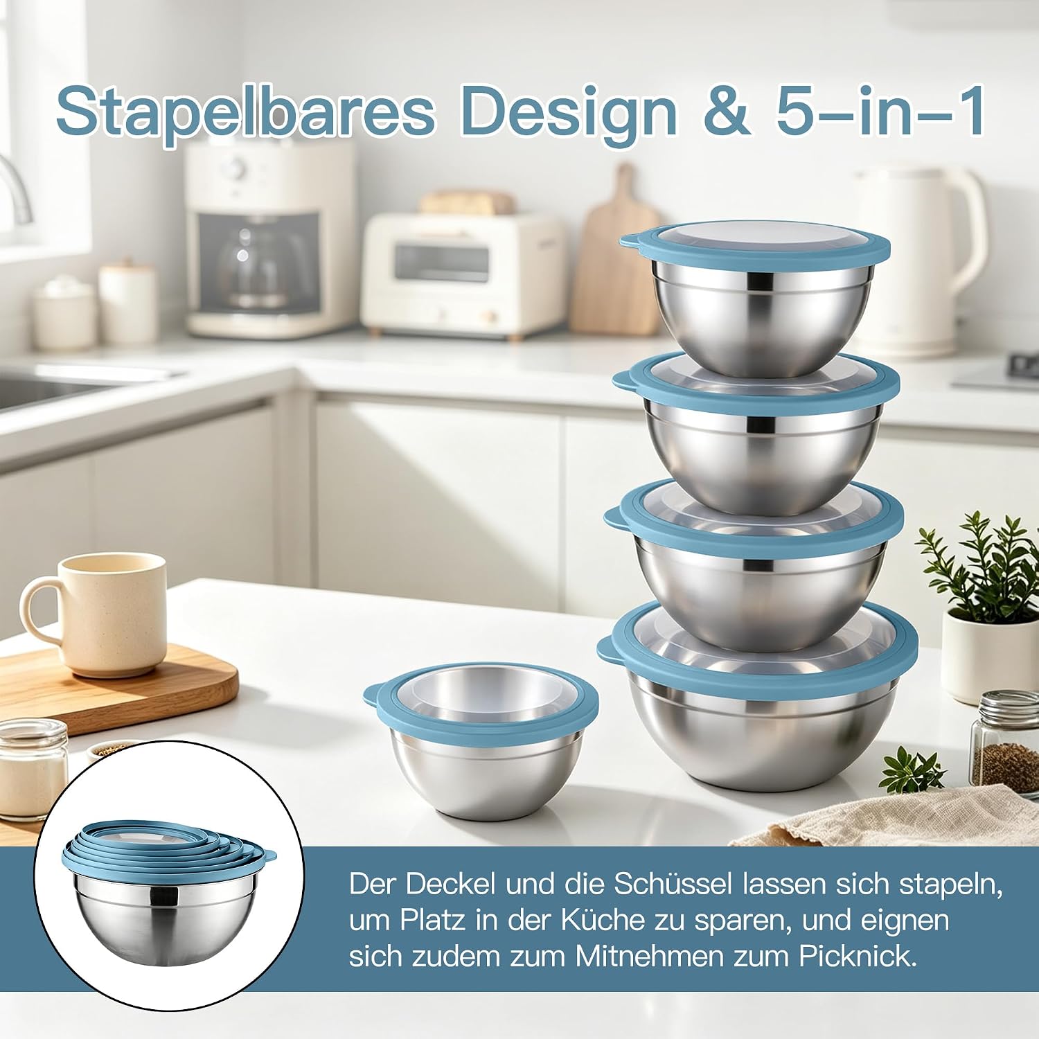 TEAMFAR Mixing Bowl with Lid Set of 5 Stainless Steel Bowls Blue image 4