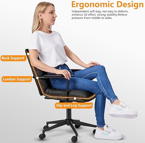 Miniatura 5 de AMERROBIL Silla de escritorio de oficina en casa con ruedasreposabrazos, moderna silla de tocador de piel sintética con respaldo medio ajustable