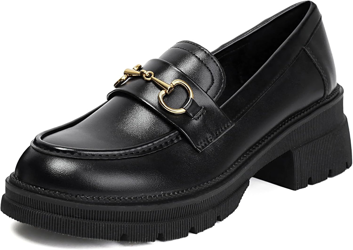 MASIKA Black Platform Loafers for Women - Women's Retro Slip-On Leather Loafers, Chunky Shoes for Work & Dressy Occasions.