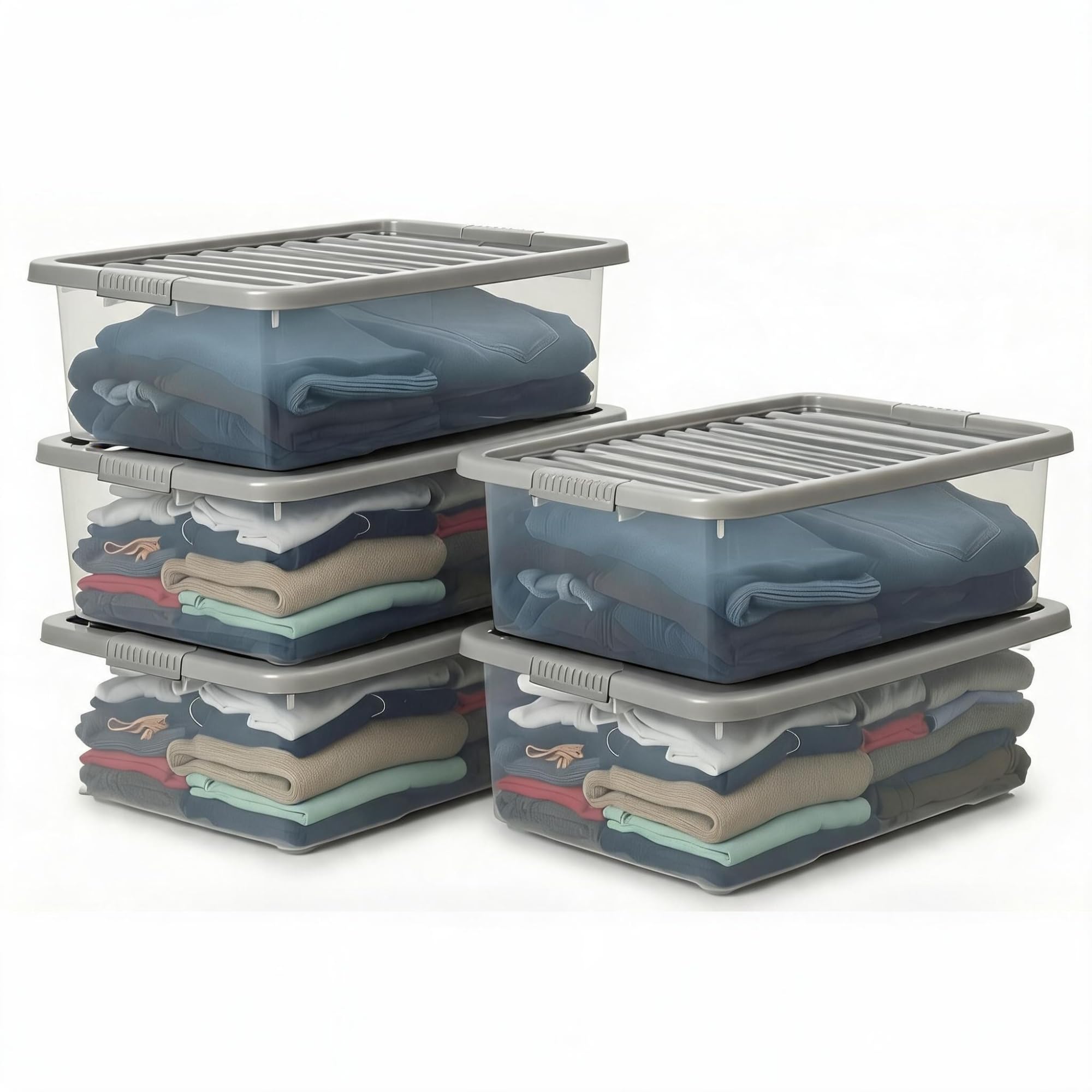 5x 32L Clear Underbed Storage Box with Grey Clip-On Lid β Slim Plastic Storage Container, Space-Saving Multipurpose Stackable & Nestable Organisers for Clothes, Bedding, Shoes, Toys & Household Items