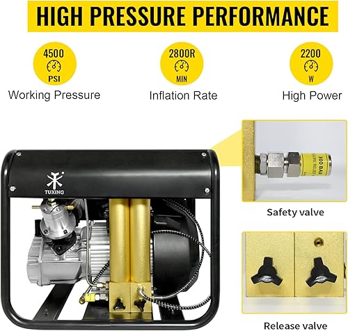 Miniatura 2 de TUXING Compresor de aire PCP de doble cilindro, compresor de aire de alta presión de 4500 psi, dos filtros de agua y aceite integrados, bomba de