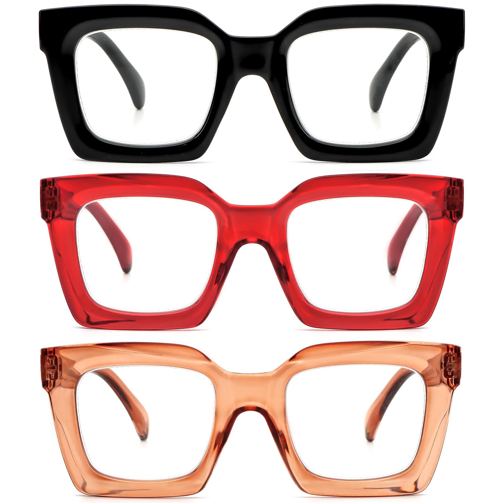 REAVEE 3 Pack Thick Frame Oversized Reading Glasses for Women Blue Light Blocking Computer stylish Readers with Spring Hinge