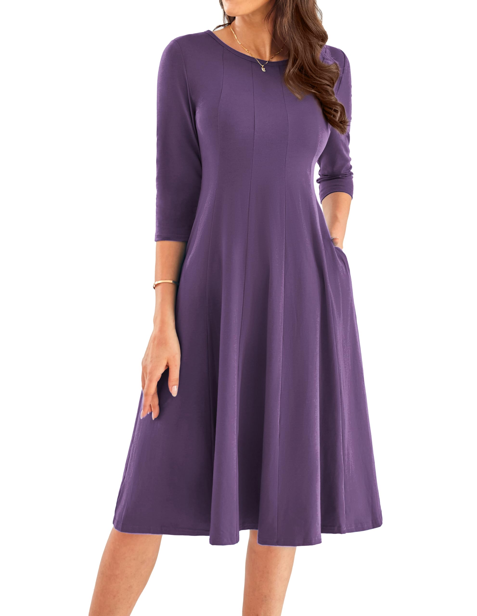 GRACE KARINWomens 2025 Trendy Crew Neck 3/4 Sleeve A Line Loose Casual Midi Dress with Pockets
