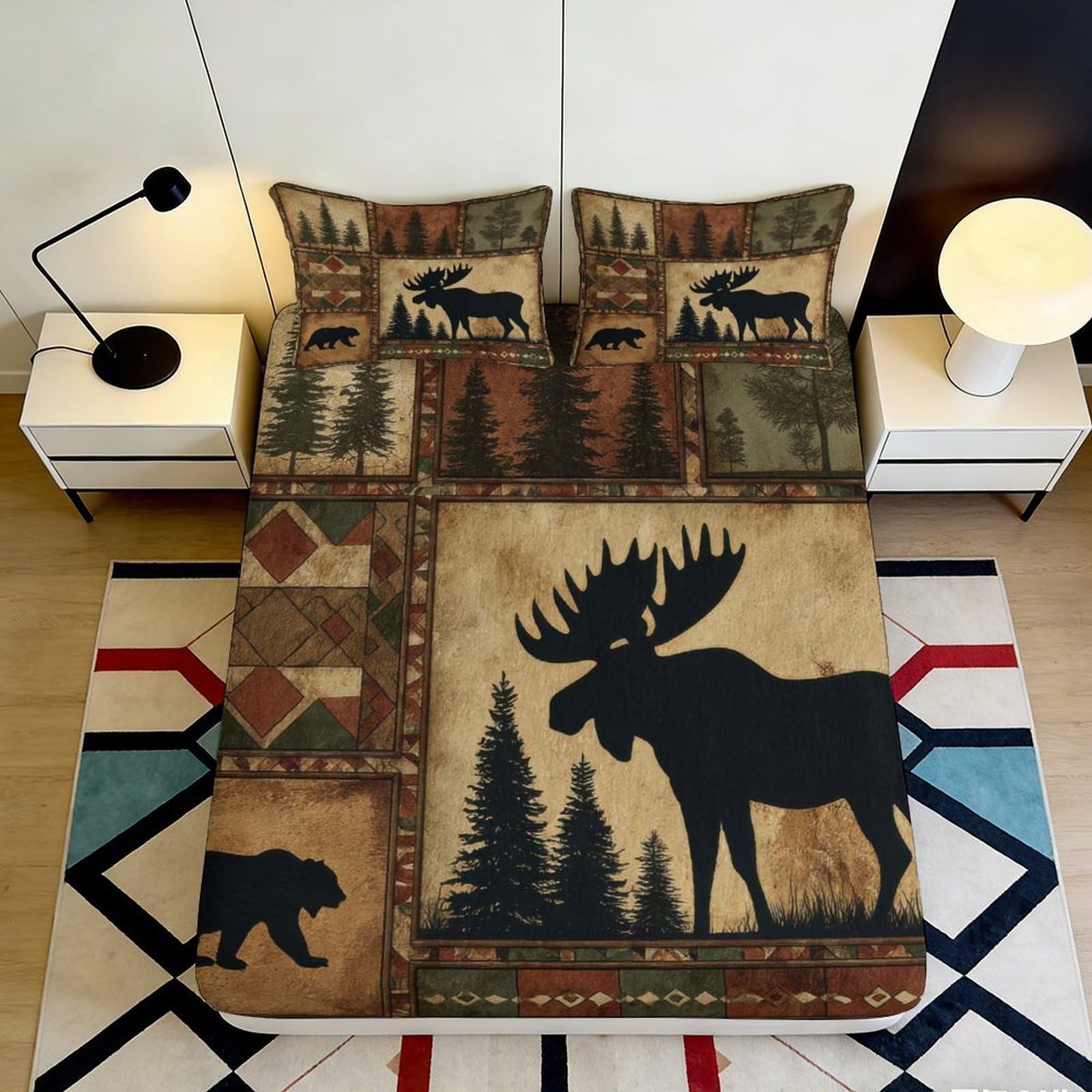 3D Printed Forest Moose Fitted Sheet Microfiber Soft Breathable Bear Mattress Cover Bedroom Lodge Decor 200x200x25cm