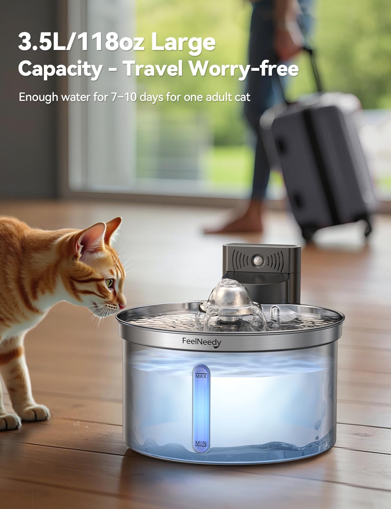 Fuente de Agua para Gatos Inalámbrica Inteligente con Sensor FEELNEEDY FN-W19 3.5L, Separación Agua-Batería 4000mAh, Bebederoen Acero Inoxidable 304, 3 Modos, 1 Filtro de Carbón Activado