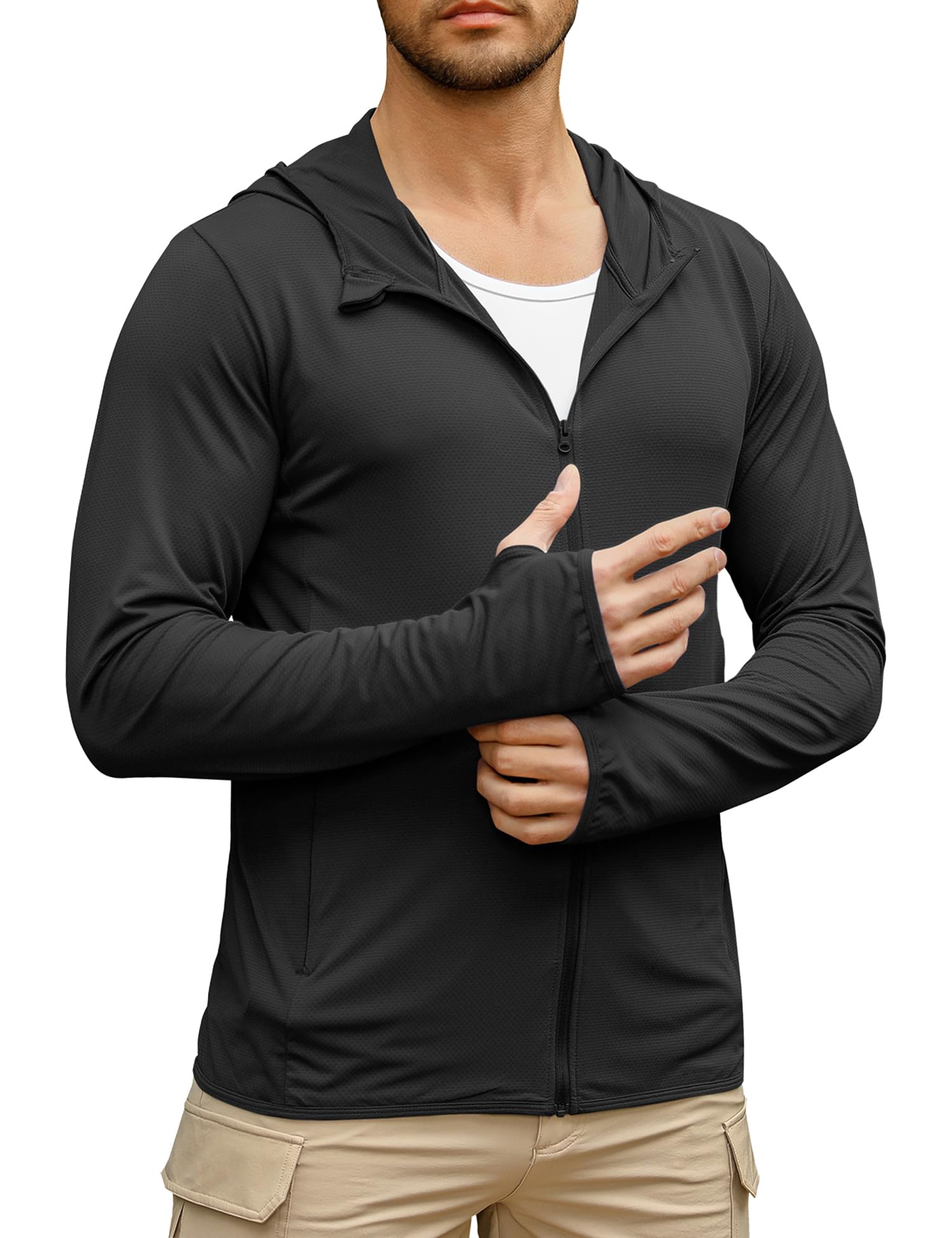 URRUMens Outdoor Long Sleeve Full Zip Lightweight UPF 50+ Sun Protection  Fishing Active Hoodie Shirts with Pockets