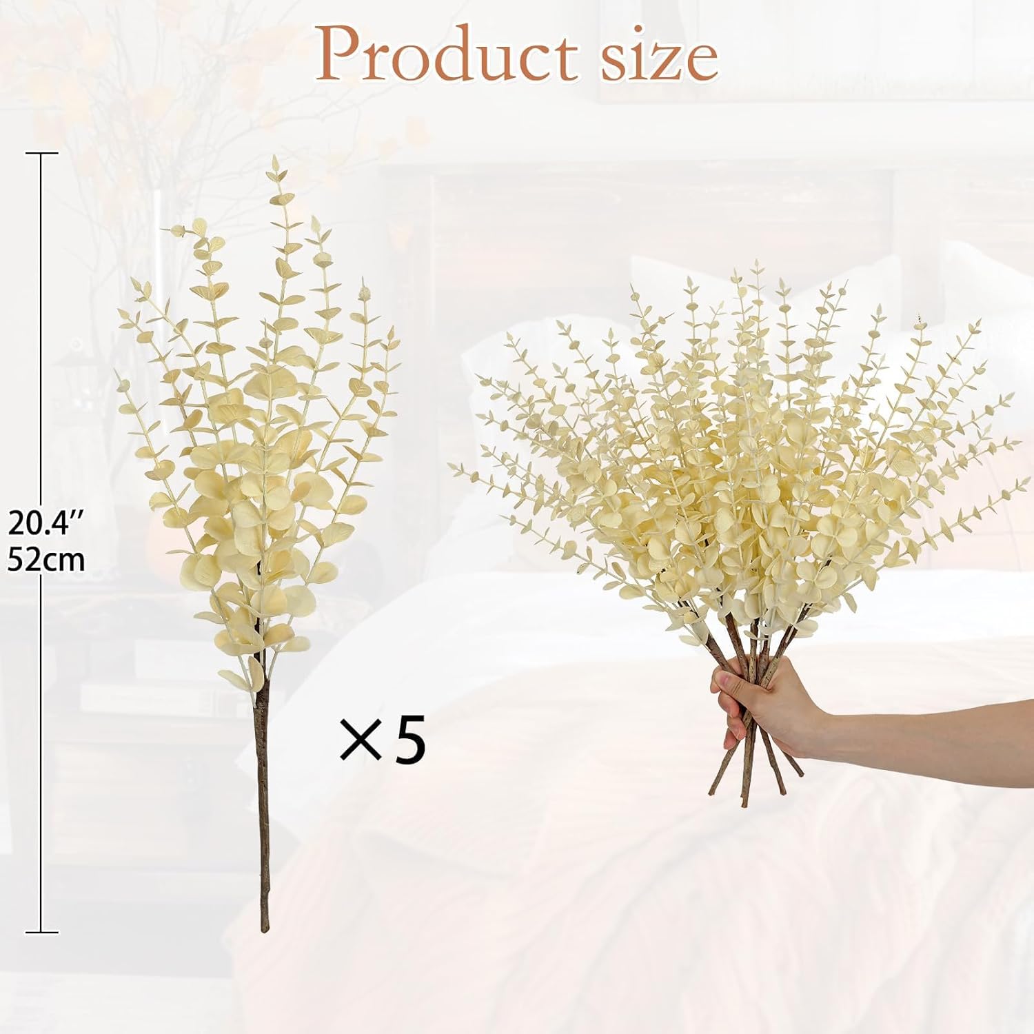 GnFlus 5 Pcs Artificial Eucalyptus Stems Fall Eucalyptus Leaves Autumn Leaf Branches Fall Decorations with Foam Fall Leaves for Home Floral Arrangement Autumn Festival Thanksgiving Decor Cream White