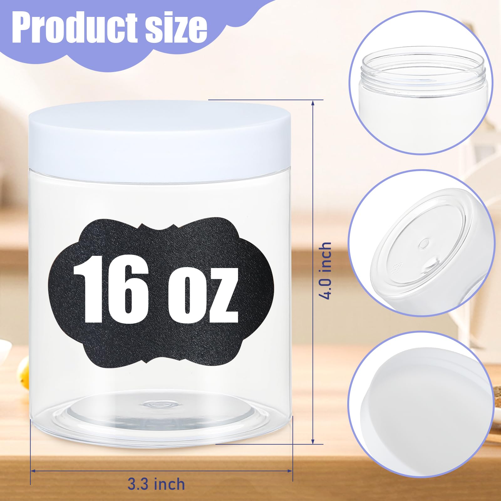 Tarros de plástico con tapas, recipiente hermético ideal para alimentos secos, mermelada de miel, mantequilla de maní, cosméticos, crema, baño y almacenamiento, incluye etiqueta adicional y un