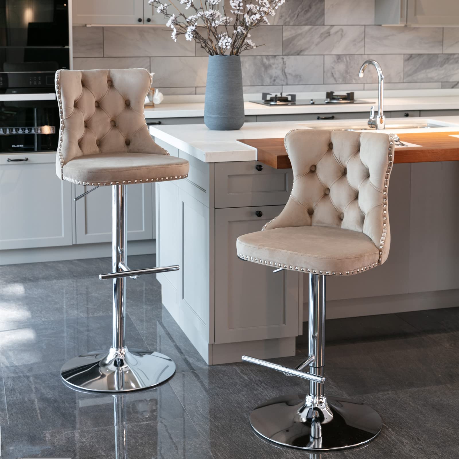 Swivel Bar Stools Set of 2, Adjustable Velvet Counter Height Barstools with High Back & Nailheads Trim, Modern Upholstered Bar Chairs for Dining Room Home Bar Kitchen Island, Khaki