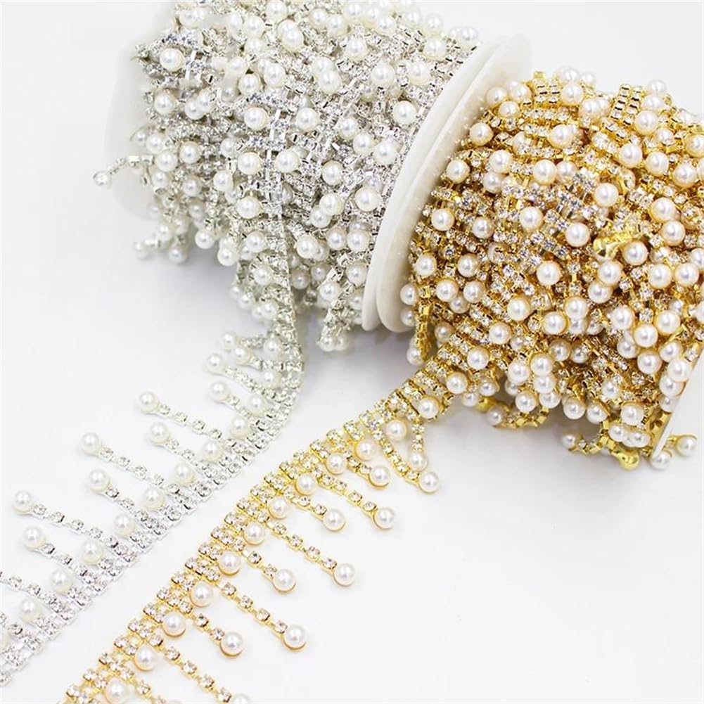 Generic 1/5Yards Pearl Tassel Crystal Metal Chain Decoration Welding Rhinestone Trim for Clothing Shoes Bag Gold 5 Yards