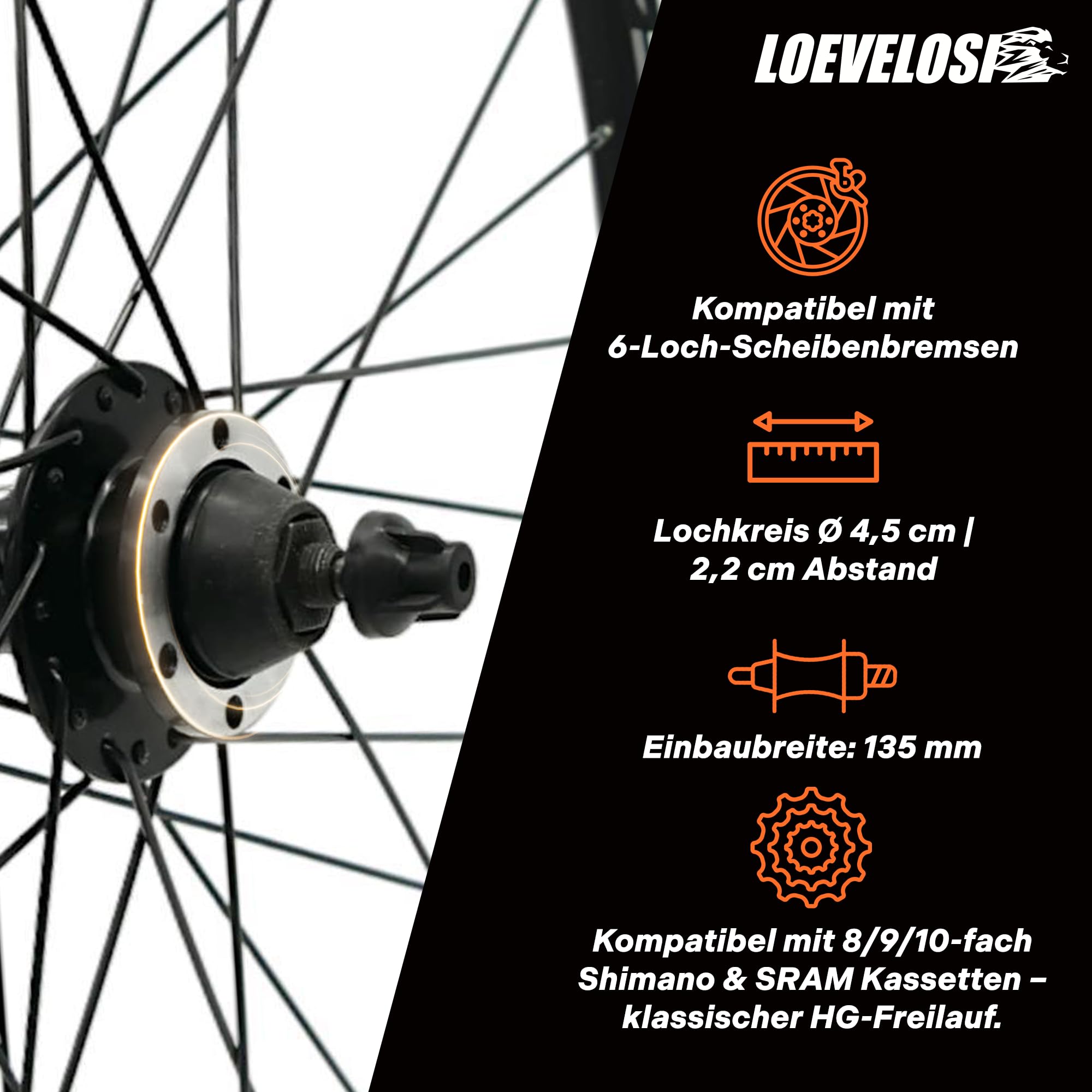 MTB Hinterrad 29 Zoll Fahrrad Laufrad – Scheibenbremse 6-Loch – QR 9/10×135 – Shimano HG 8–11-Fach – Alu Felge & Nabe – 36 Speichen – Schwarz – LOEVELOSI