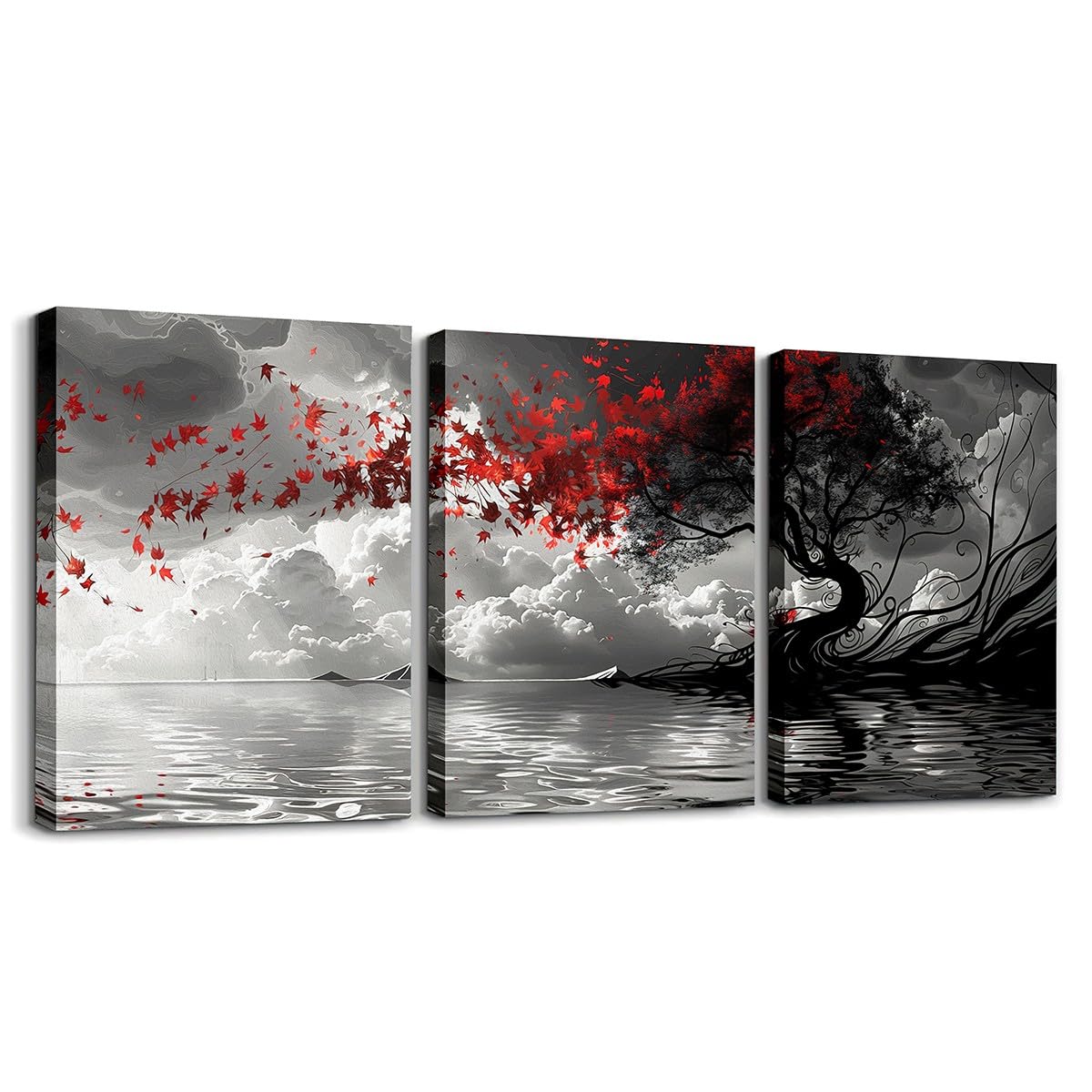 Red Maple Leaves Canvas Wall Art Set of 3, Chinese Style Poster Prints Nature Rustic Floral Wall Art for Living Room Bedroom Décor, Landscape Painting Print Chinese Ink Wash Painting Wall Decor