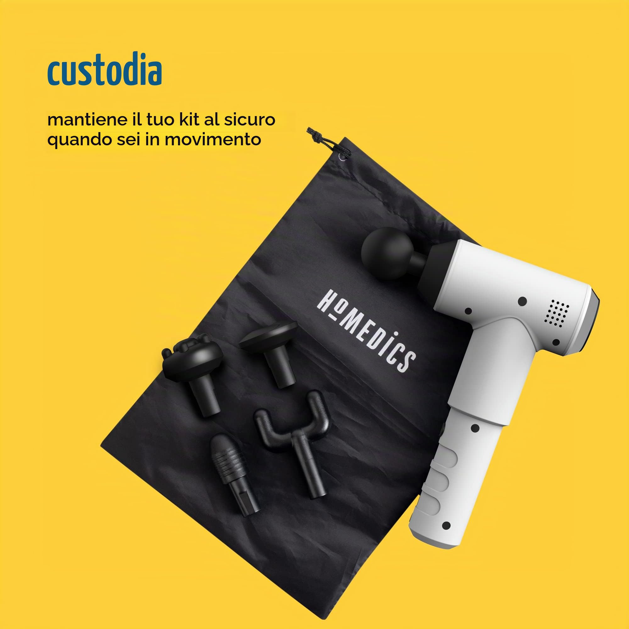 HoMedics, Pistola Massaggio Muscolare, Massaggiatore Elettrico Portatile a Percussione per Tessuti Profondi, Batteria Ricaricabile da 4000 mAh, 5 Testine Massaggianti, 3 Velocità 2100-3000 rpm, Bianco