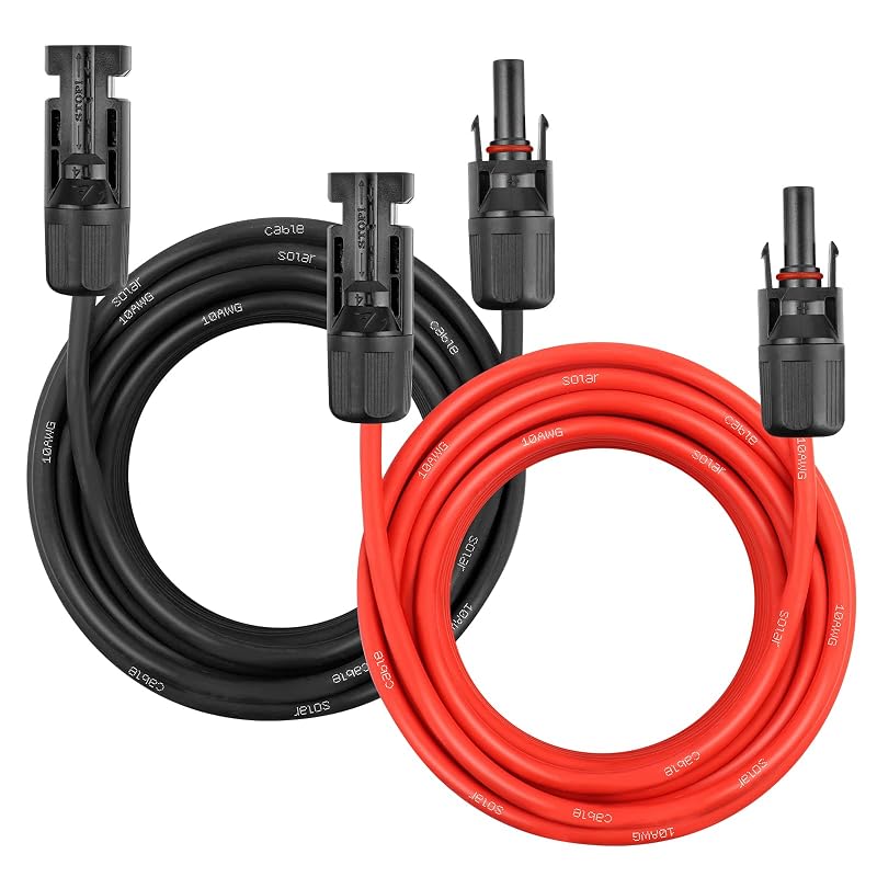 Cabo de Extensão para Painel Solar YDDECW 10AWG com Conectores MC4 Macho e Fêmea, 7,62 m Preto e Vermelho, Kit com 2 Cabos