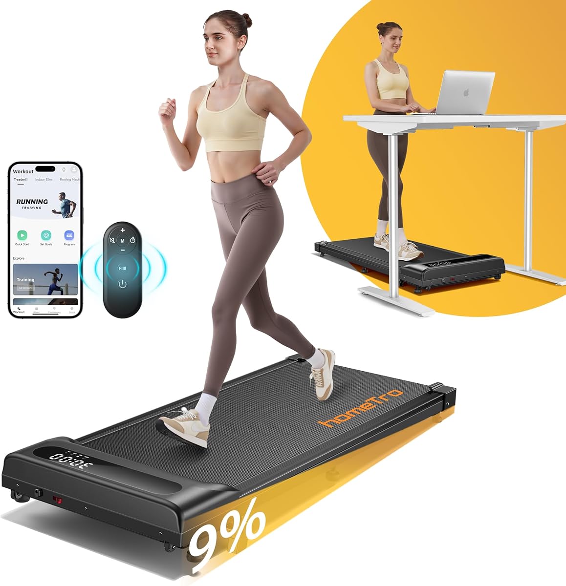 Tapis de Course - Tapis de Marche Inclinable avec 9% Incline - Moteur 2.5HP pour Maison et Bureau - Walking Pad Léger avec Affichage LED, Télécommande Mute, Idéal pour Running et Marche