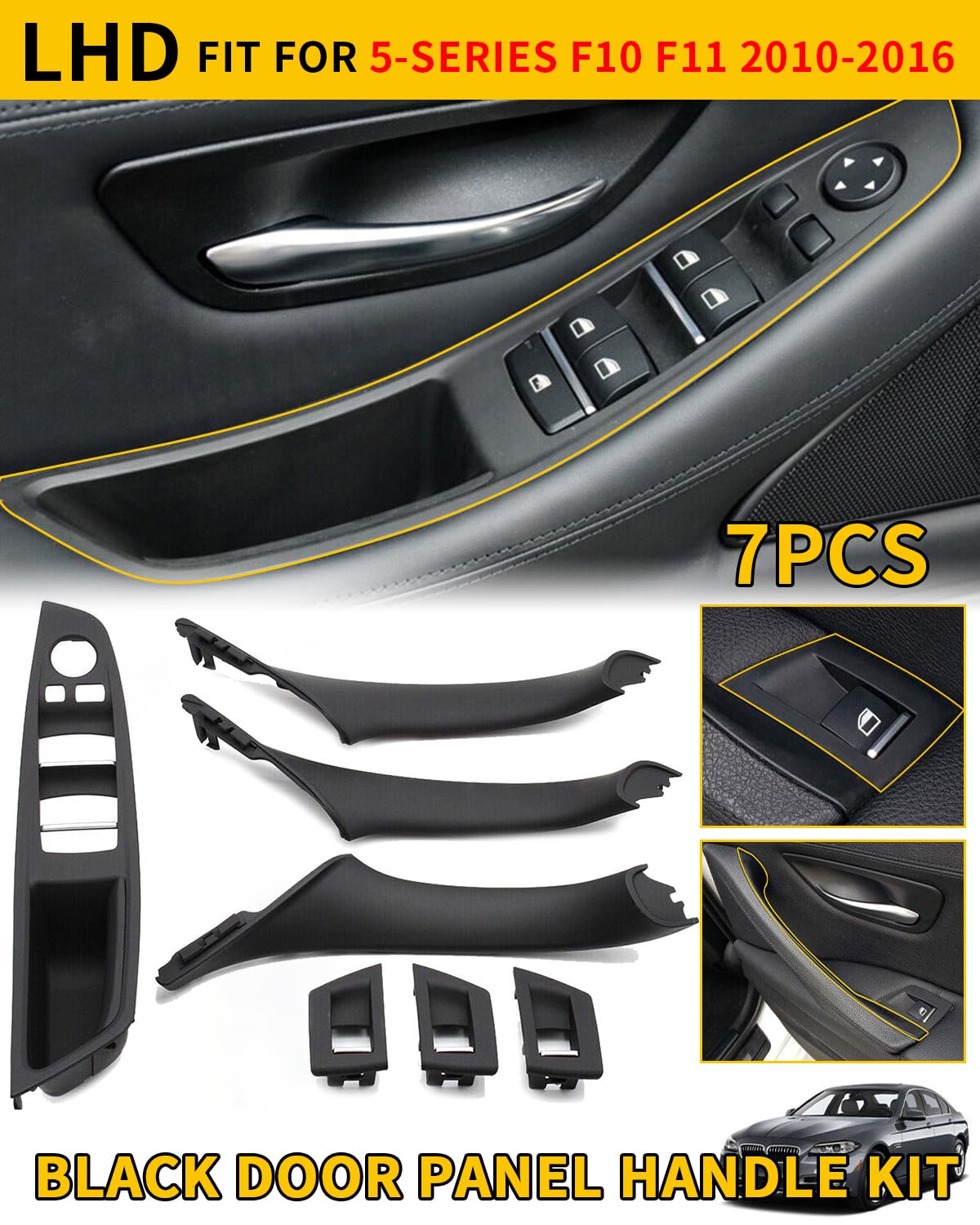 7-teiliges Türgriff-Set für BMW 5er F10 F11 520 530, Fensterschalter-Armlehne auf der Fahrerseite + Beifahrertür-Zuggriff + Fensterschalter-Abdeckungen für 523 525 528 535 (2010–2016)–Schwarz