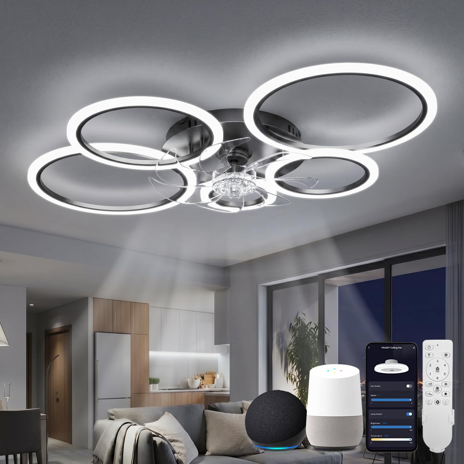 LED Ceiling Fan Lamp Compatible with Alexa, Google Assistant, Ring Ceiling Fans with Quiet Light, Dimmable, 6 Speeds, DC Motor, Summer/Winter Mode
