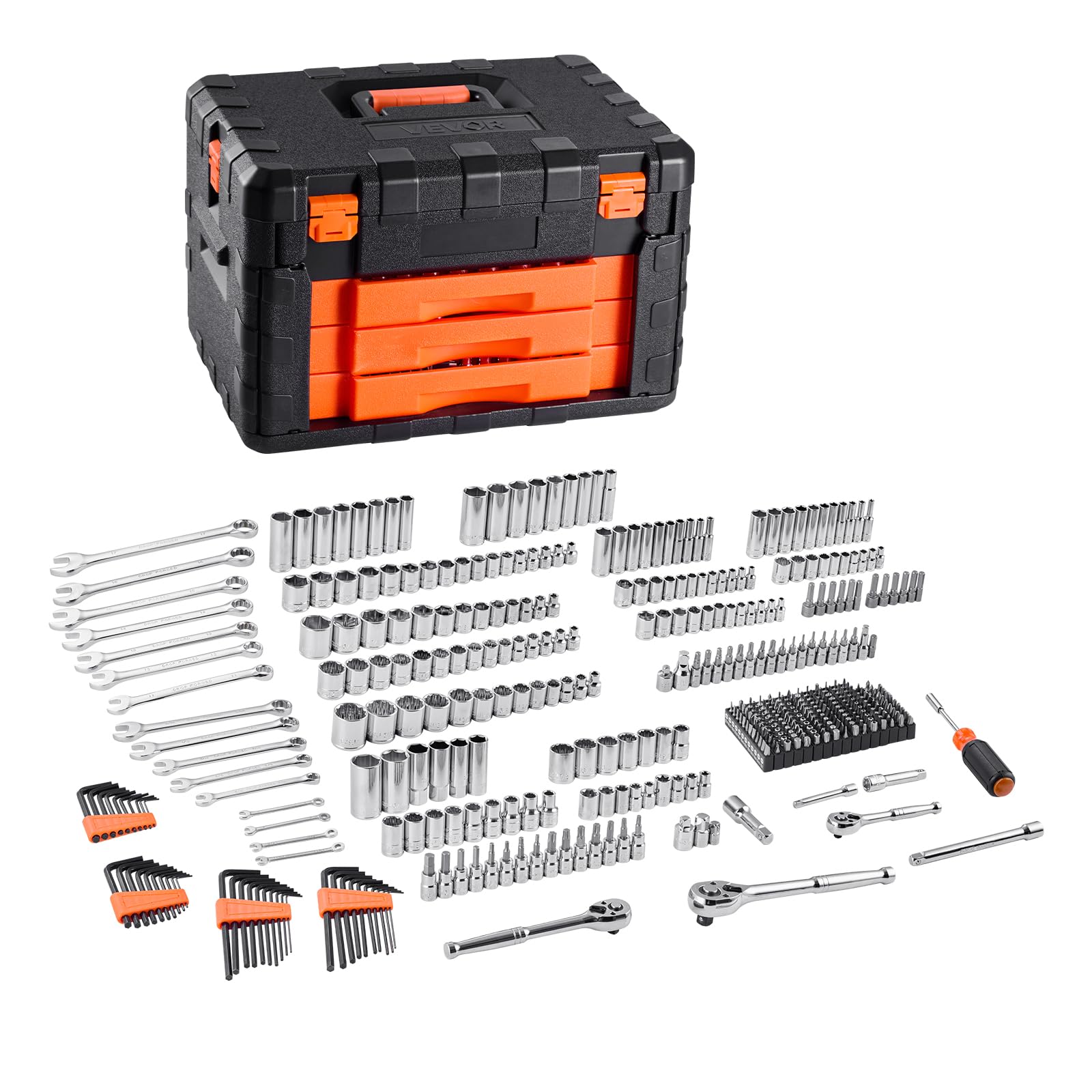 VEVOR Set di Utensili Meccanici e Set di Bussole, 450 Pezzi, Bussole Profonde e Standard da 6,4, 9,5 e 12,7 mm, Kit di Utensili Meccanici Metrici SAE con Punte, Chiavi, Accessori, Custodia Arancione