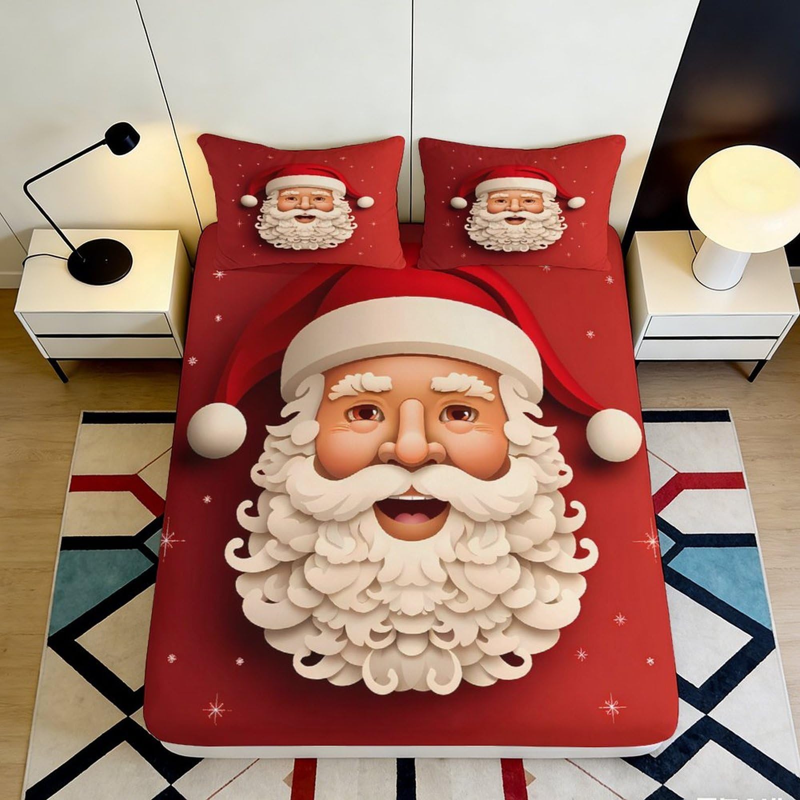 3D Printed Santa Claus Fitted Sheet Microfiber Christmas Red Bed Cover for Bedroom Dorm Mattress Protection Decor 90x200x25cm