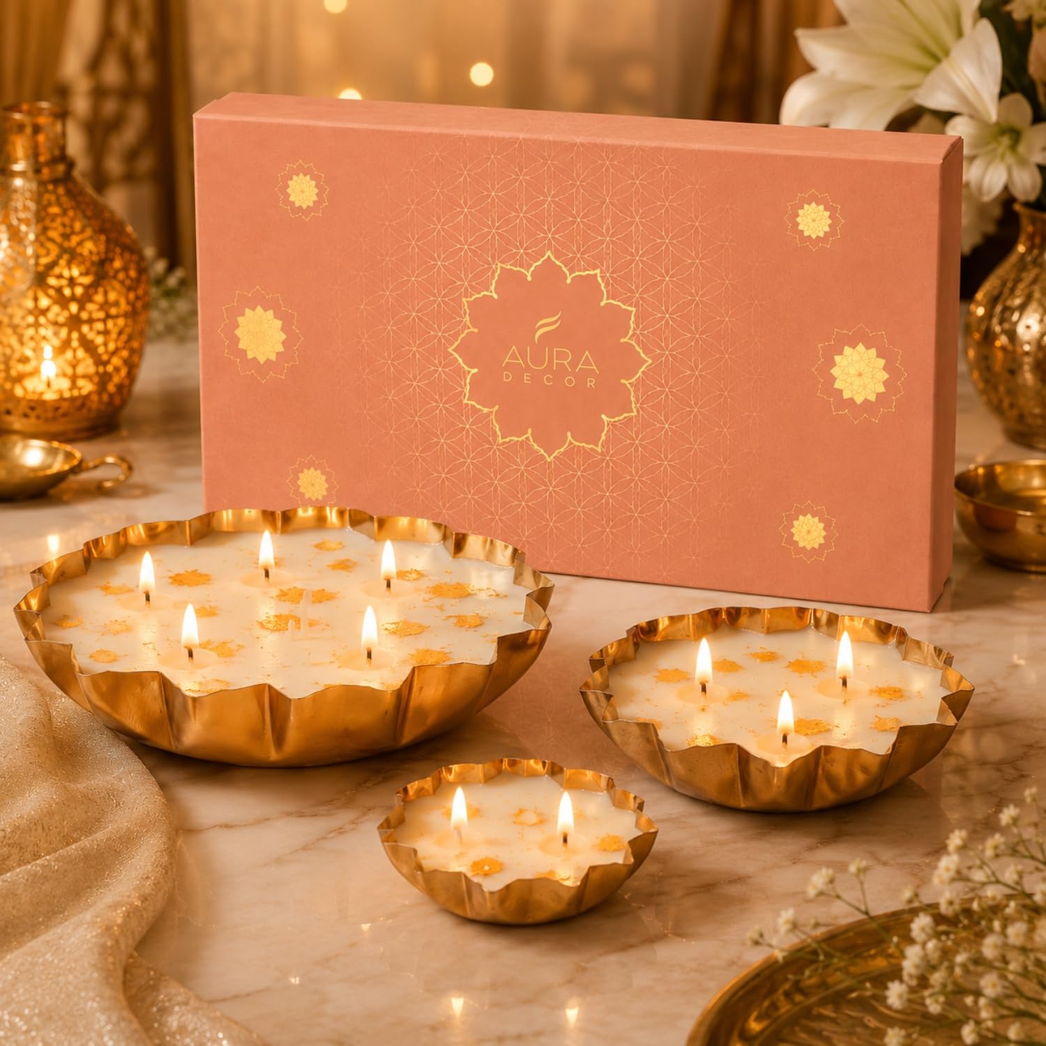 AuraDecor Wax Lotus Candle Gift Set - Scented Floral Urli Candles of 3 for Gifting & Home Decor (Oudh Vanilla)-image-44