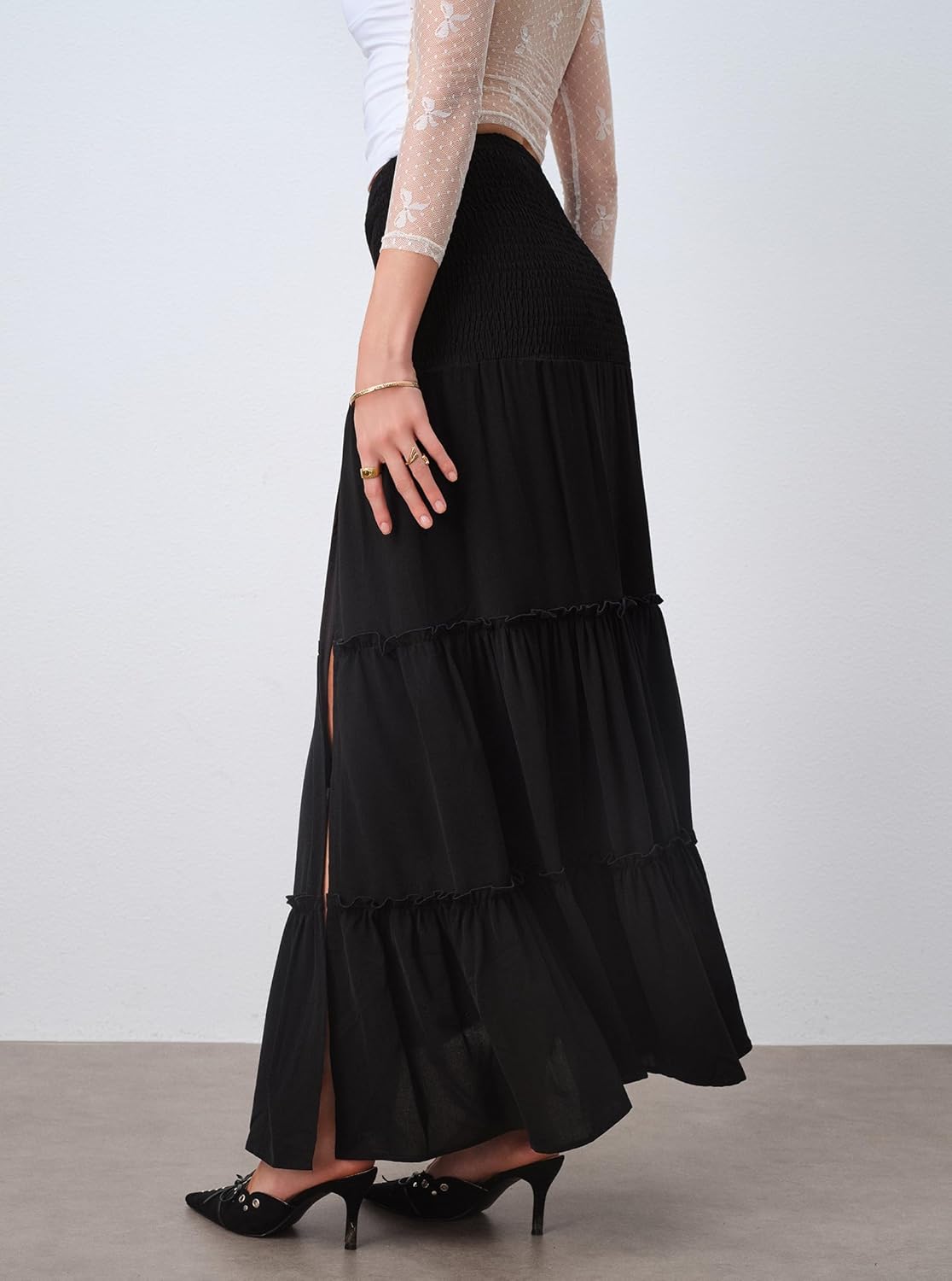 Womens Slit Flowy Boho Maxi Skirt Summer Trendy Shirred High Waisted Ruffle Tiered Beach Long Skirts - Image 2