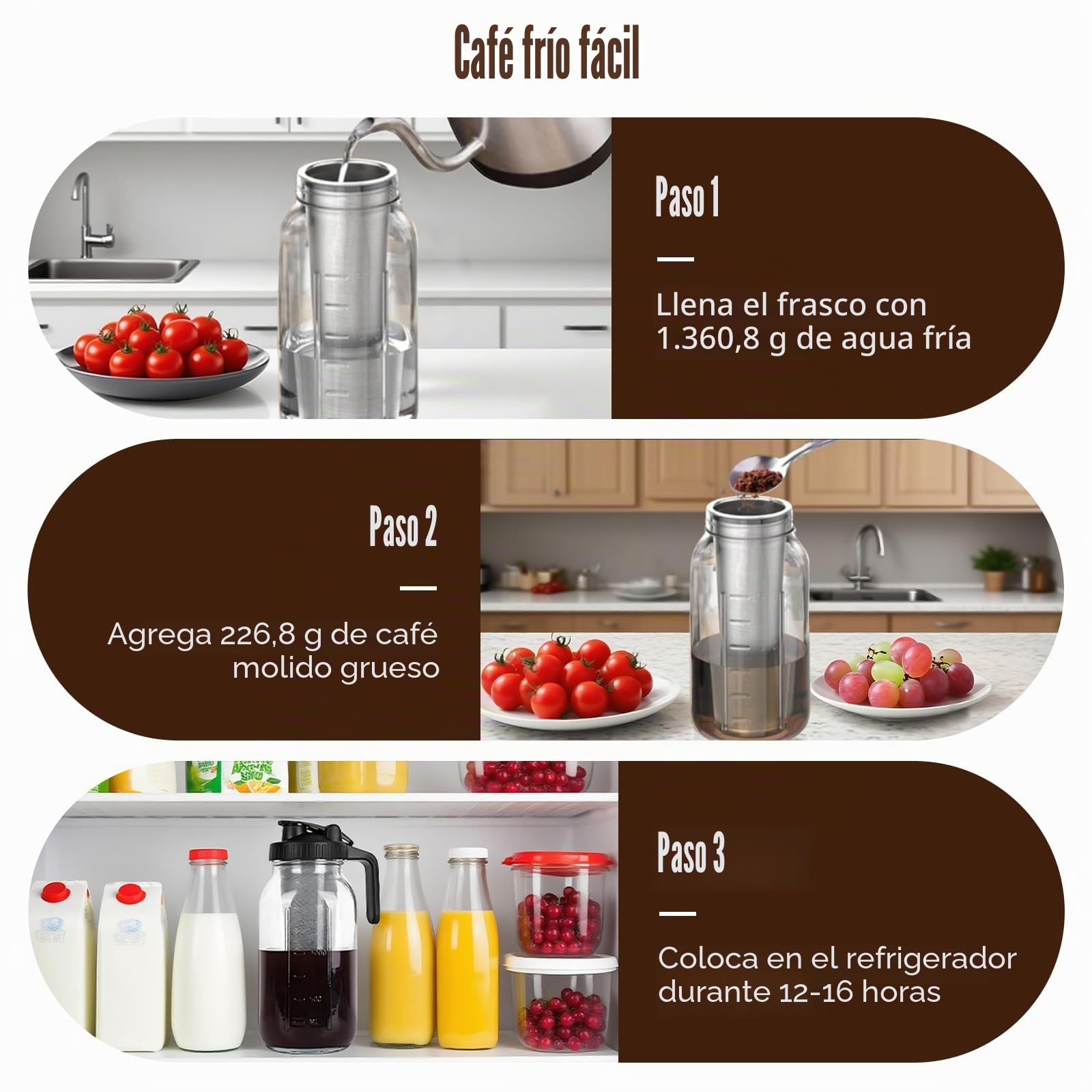 Cafetera Cold Brew de 2 l/64oz,botella de café frío,con asa y filtro de acero inoxidable,Cafetera de cristal,para café y té en frío