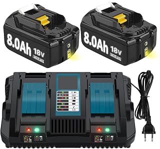 Hohe Kapazität 2X 18V 8.0Ah Verbesserte Ersatzakku für BL1860B + Dual Port 6A Ladegerät für BL1860B DC18RD Kompatibel für BL1860B BL1850B BL1840B BL1830 BL1860 with LED Werkzeugakku. - Amazon product rated Grade A