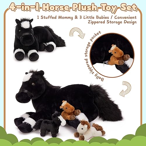 Miniatura 6 de MaoGoLan Juego de 4 piezas de animales de peluche de caballo, caballo mamá de peluche grande con bebés poni de peluche para baby shower, poni de