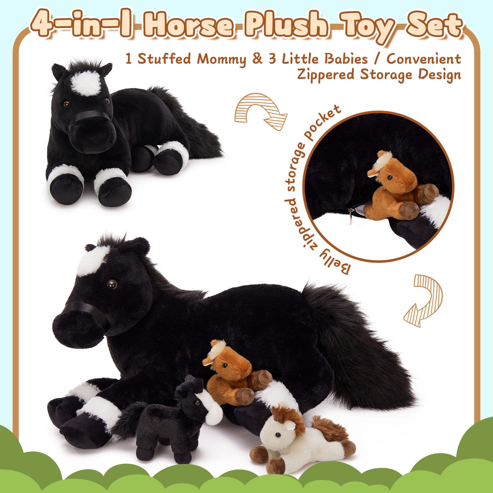 MorisMos Black Horse Teddy with Babies inside, Lifelike Cuddly Horses Pony Stuffed Animal Plush Soft Toys, Kawaii Presents for Kids Girls Boys Birthday Party Decoration (45cm) — view 2