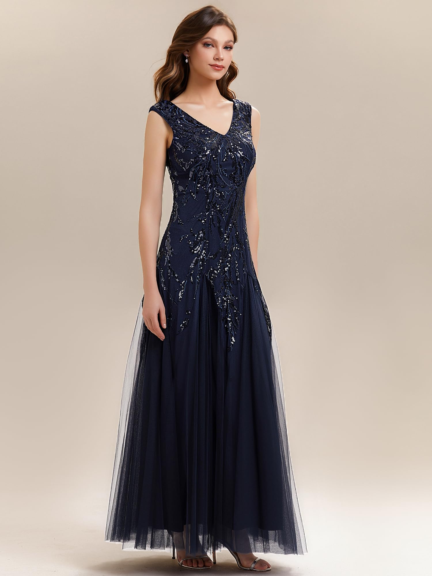 Ever-Pretty Robe de Soirée Femme Longue Paillettes Tulle Col V sans Manche EE02259