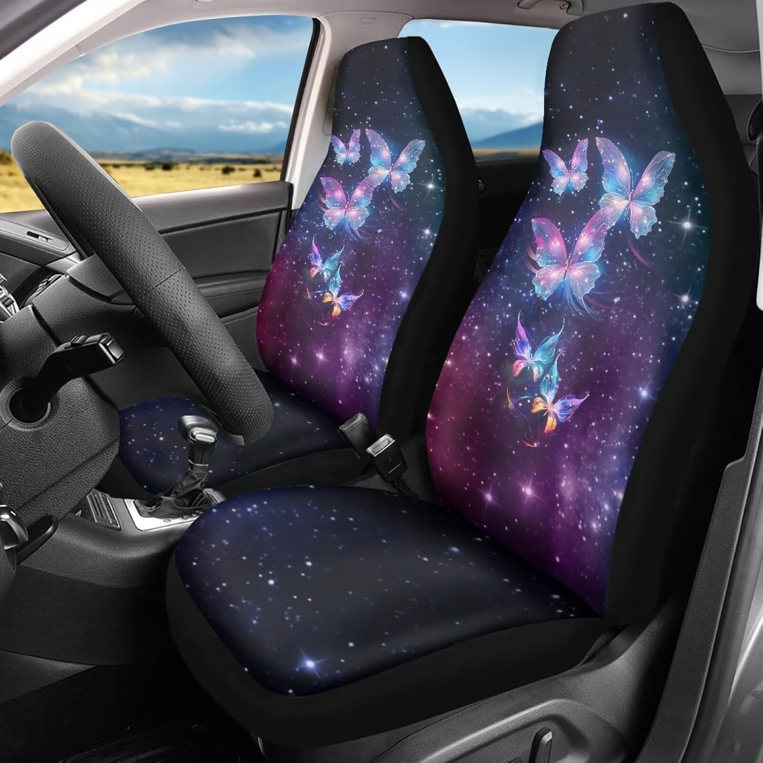 AFPANQZ Galaxy Butterfly Car Seat Covers Set Car Interior Decor Front Seat Covers Only 2 Pack Set Universal Bucket Seat Protector Cover for Car SUV Truck Women Car Accessories Decor
