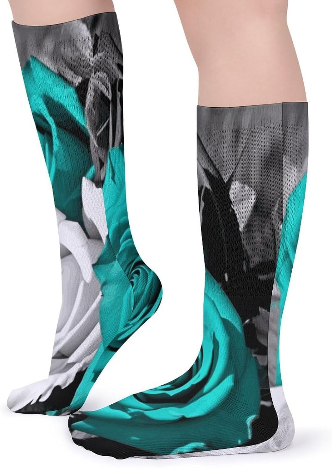 Teal Gray Rose Crew Socks Casual Breathable Calf Socks | Cushion Running Athletic Socks Long Performance Breathable Sports Socks for Women Men