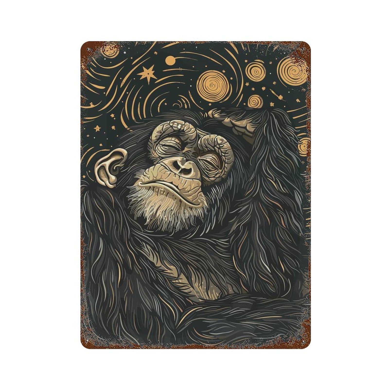 Vintage Rust Metal Sign with Dreamy Chimpanzee in Starry Night Design 15.7"x11.8", for Garage, Bar And Workshop Decor, Retro Wall Decor