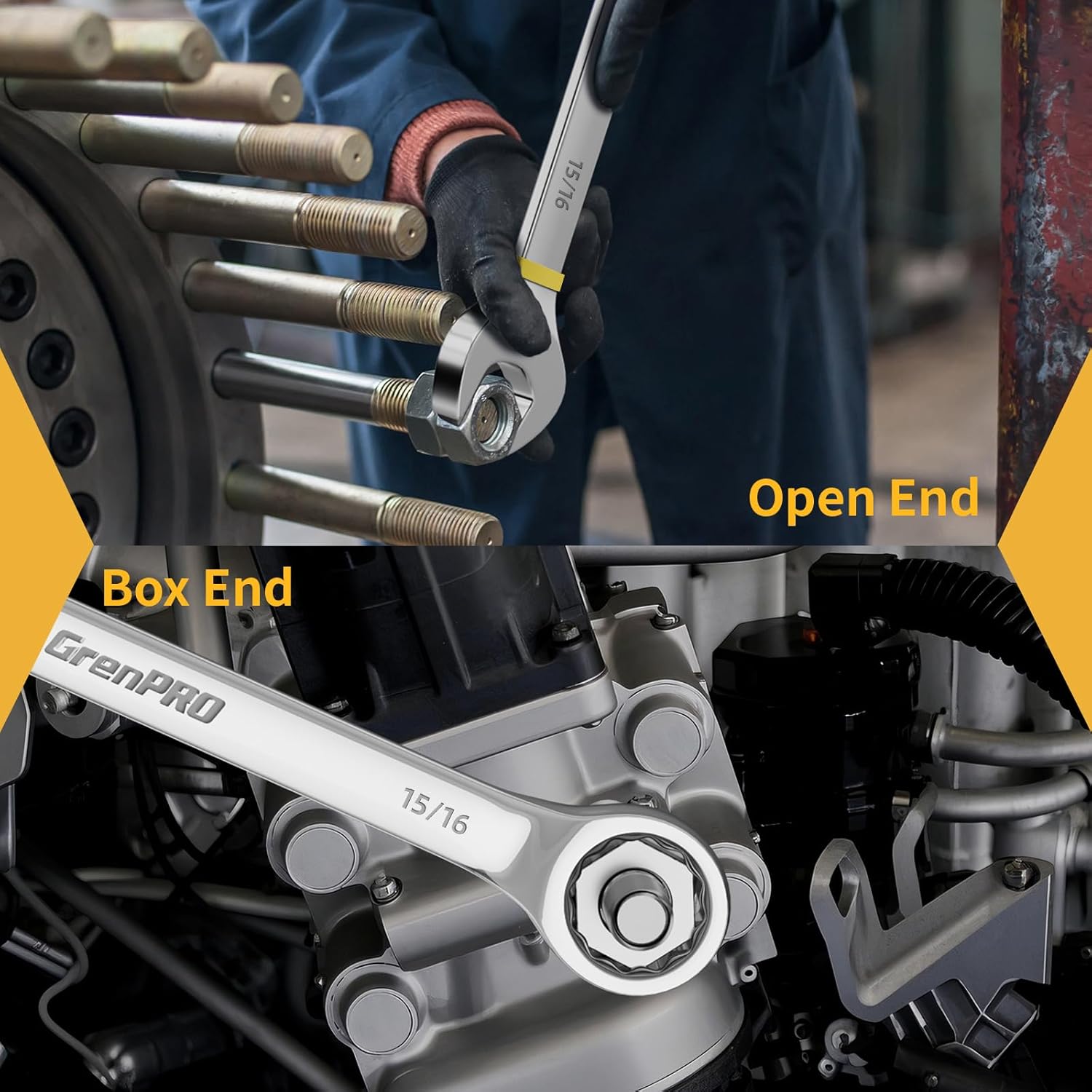 GRENPRO Large Wrench Set, SAE Wrench Set With Color Ring, 7PCS 15/16", 1", 1-1/16", 1-1/8", 1-3/16", 1-1/4" Long Big Open End Wrench Tools Set Roll Up Pouch Organizer, 12 PT Combination Wrenches Sets