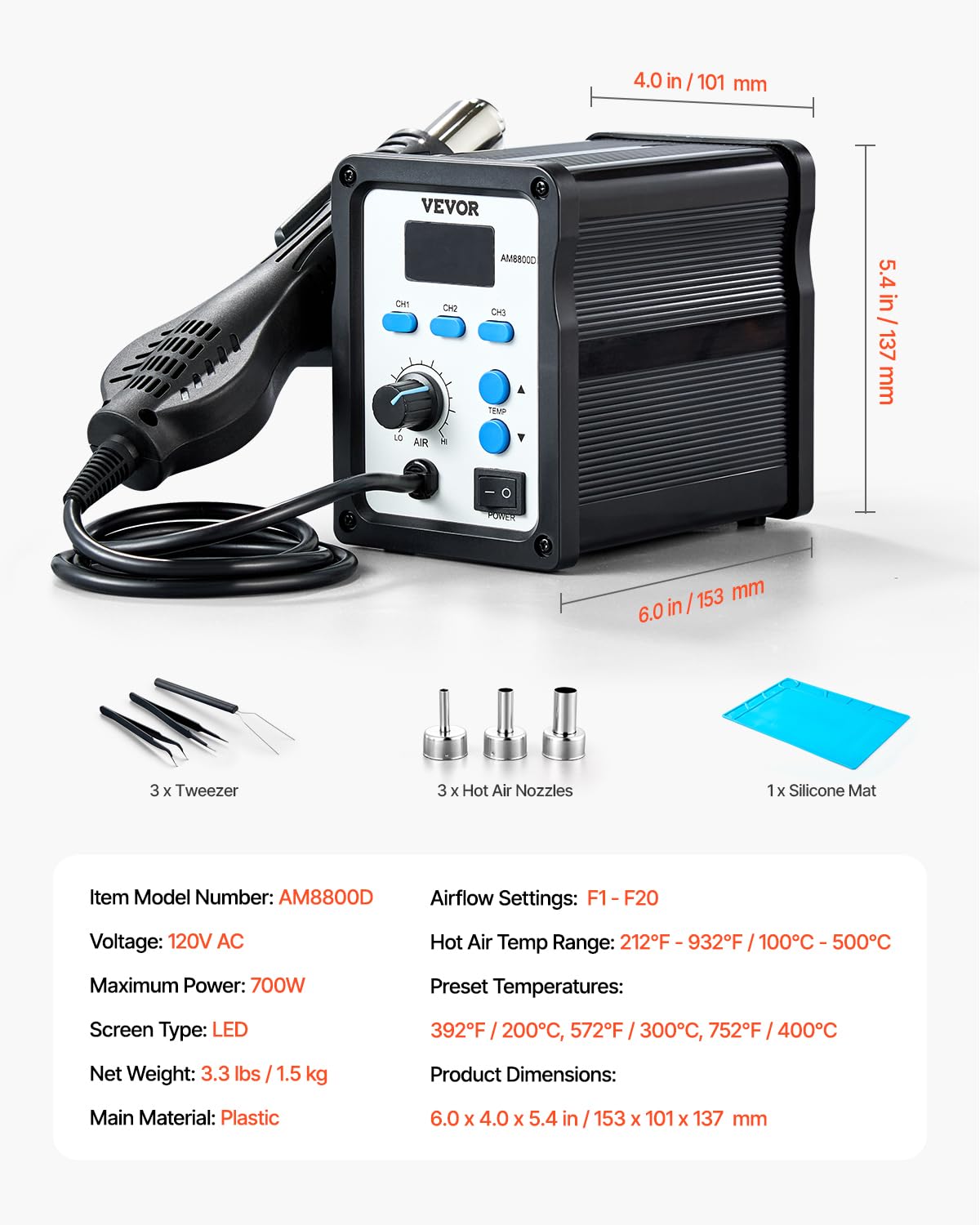 VEVOR Hot Air Rework Station, 700W Digital Display SMD Rework Station, 212℉-932℉ Hot Air Gun with Adjustable Airflow, 3 Pre-Set Channels & ℃/℉ Conversion for Chip Dismantling, Electronics Repair