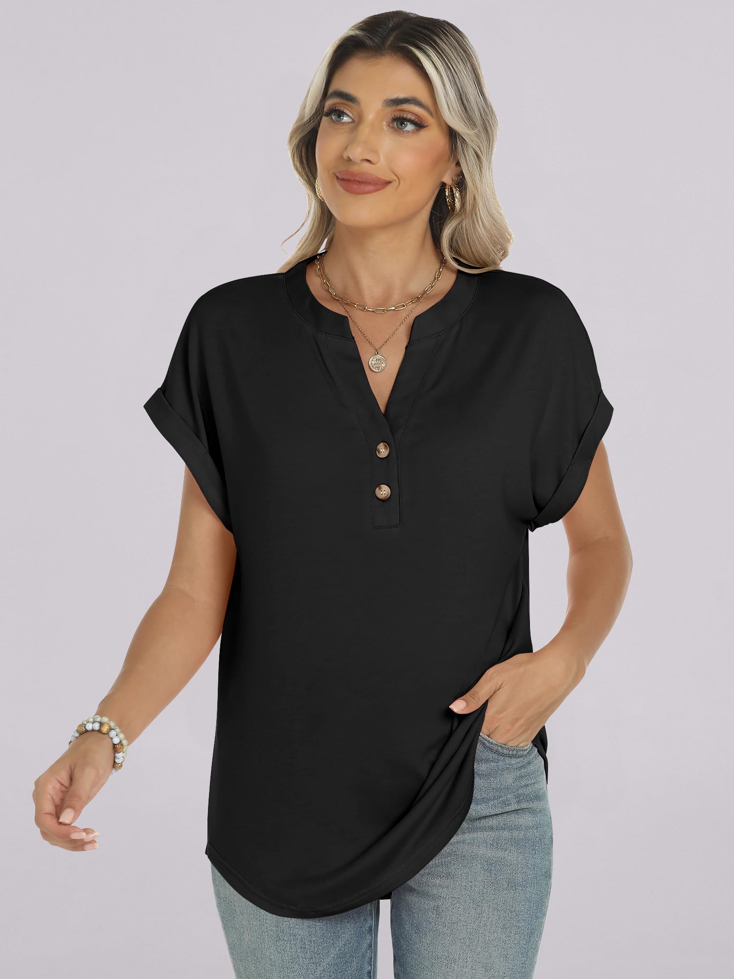 ANRABESS Womens Short Sleeve Henley Tops V Neck Dressy Casual Blouses Summer Trendy Tee Shirts 2025 Vacation Fashion Clothes