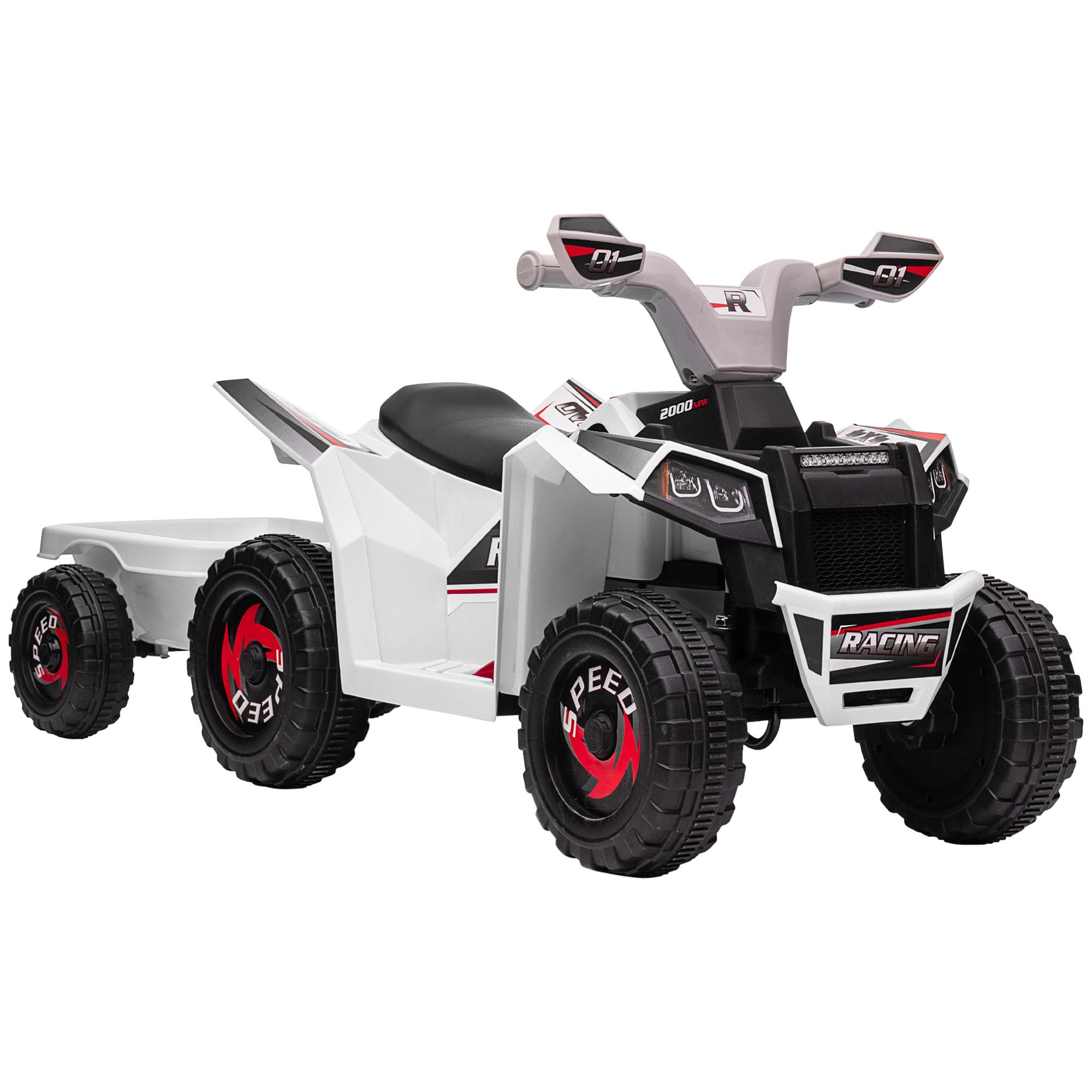 Aosom Kids ATV Quad Car with Back Trailer, 6V Electric Ride On Car with Forward Backward Function, Wear-Resistant Wheels, Ride on Toy for Toddlers Ages 18-36 Months, White